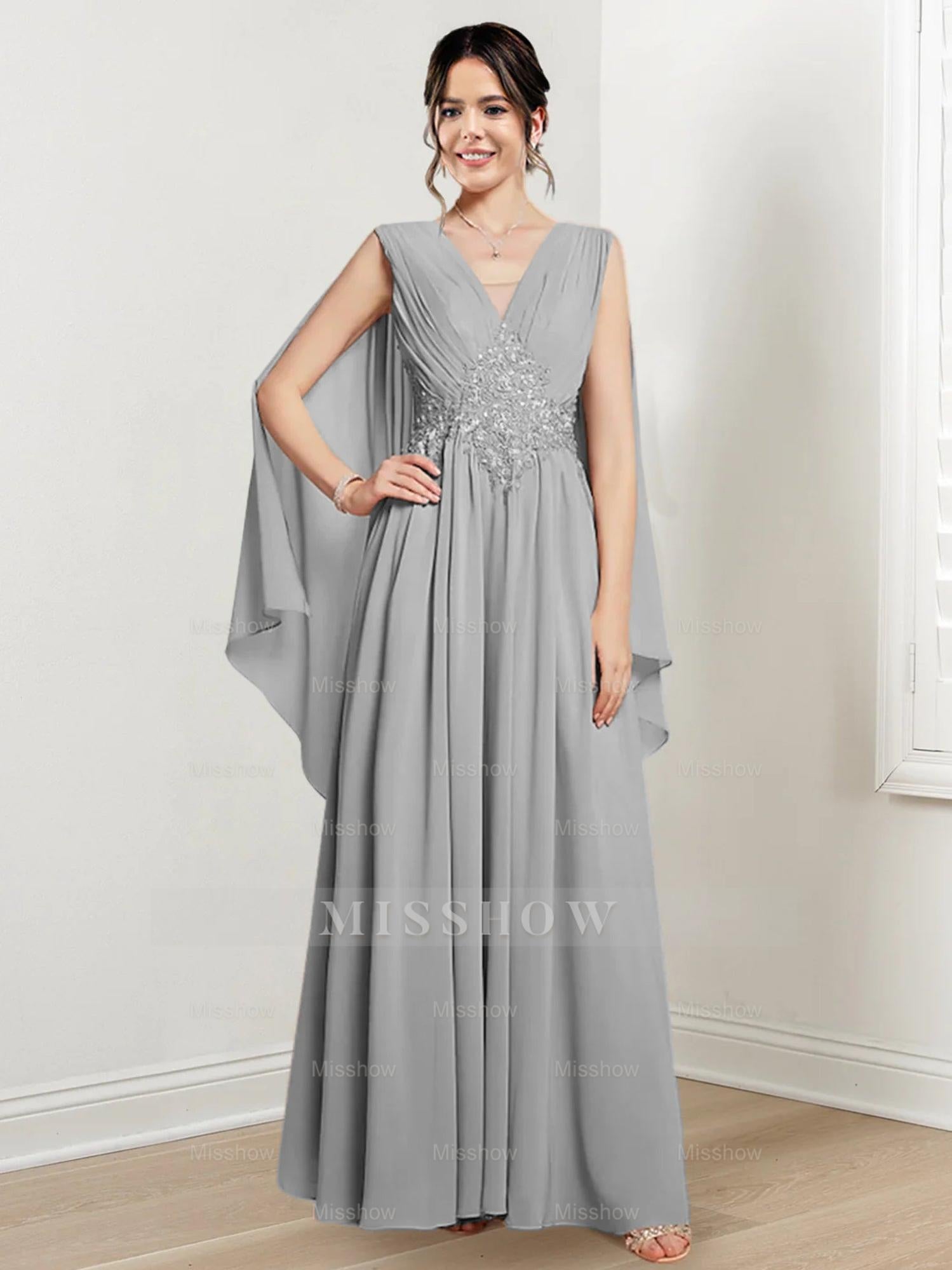 V-Neck A-Line Princess Floor-Length Dresses for the Mother of the Bride