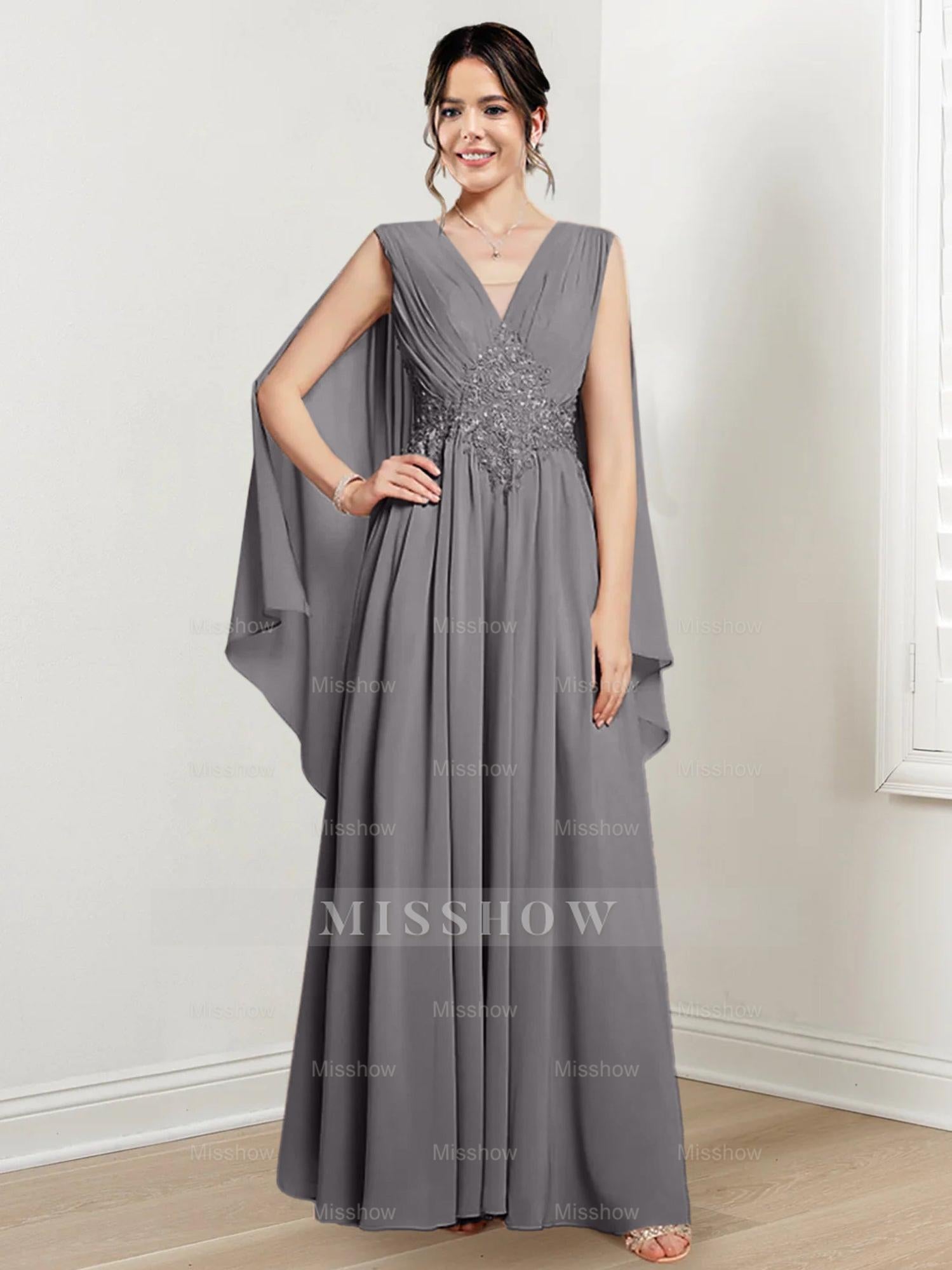 V-Neck A-Line Princess Floor-Length Dresses for the Mother of the Bride
