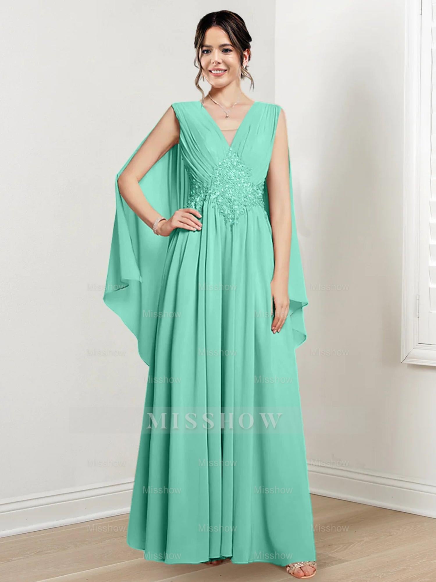 V-Neck A-Line Princess Floor-Length Dresses for the Mother of the Bride