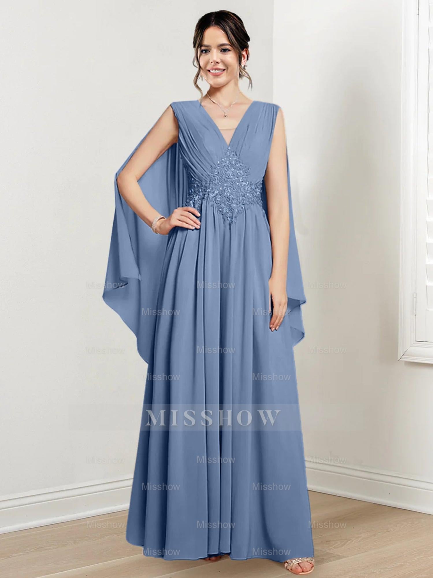 V-Neck A-Line Princess Floor-Length Dresses for the Mother of the Bride