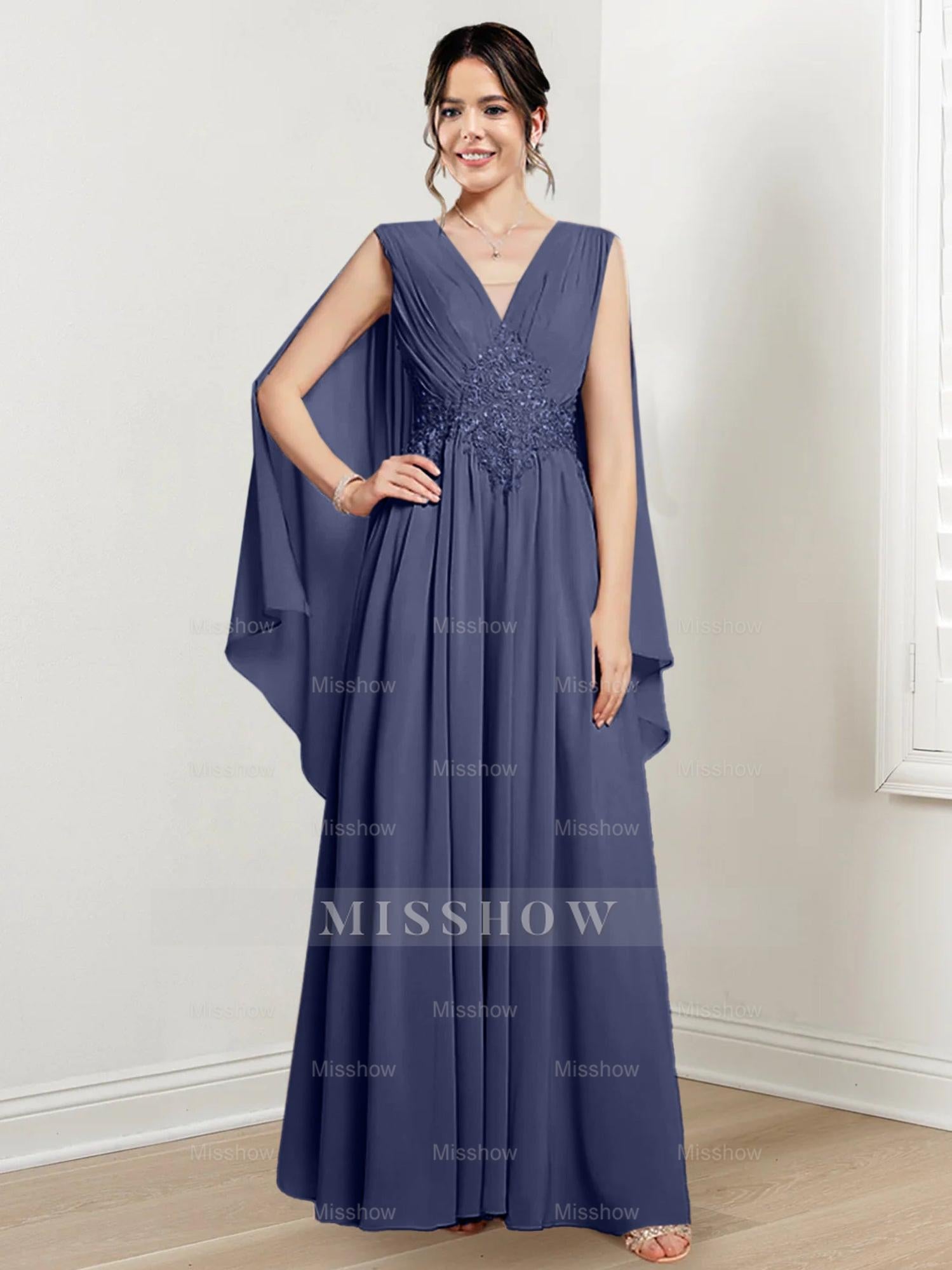 V-Neck A-Line Princess Floor-Length Dresses for the Mother of the Bride