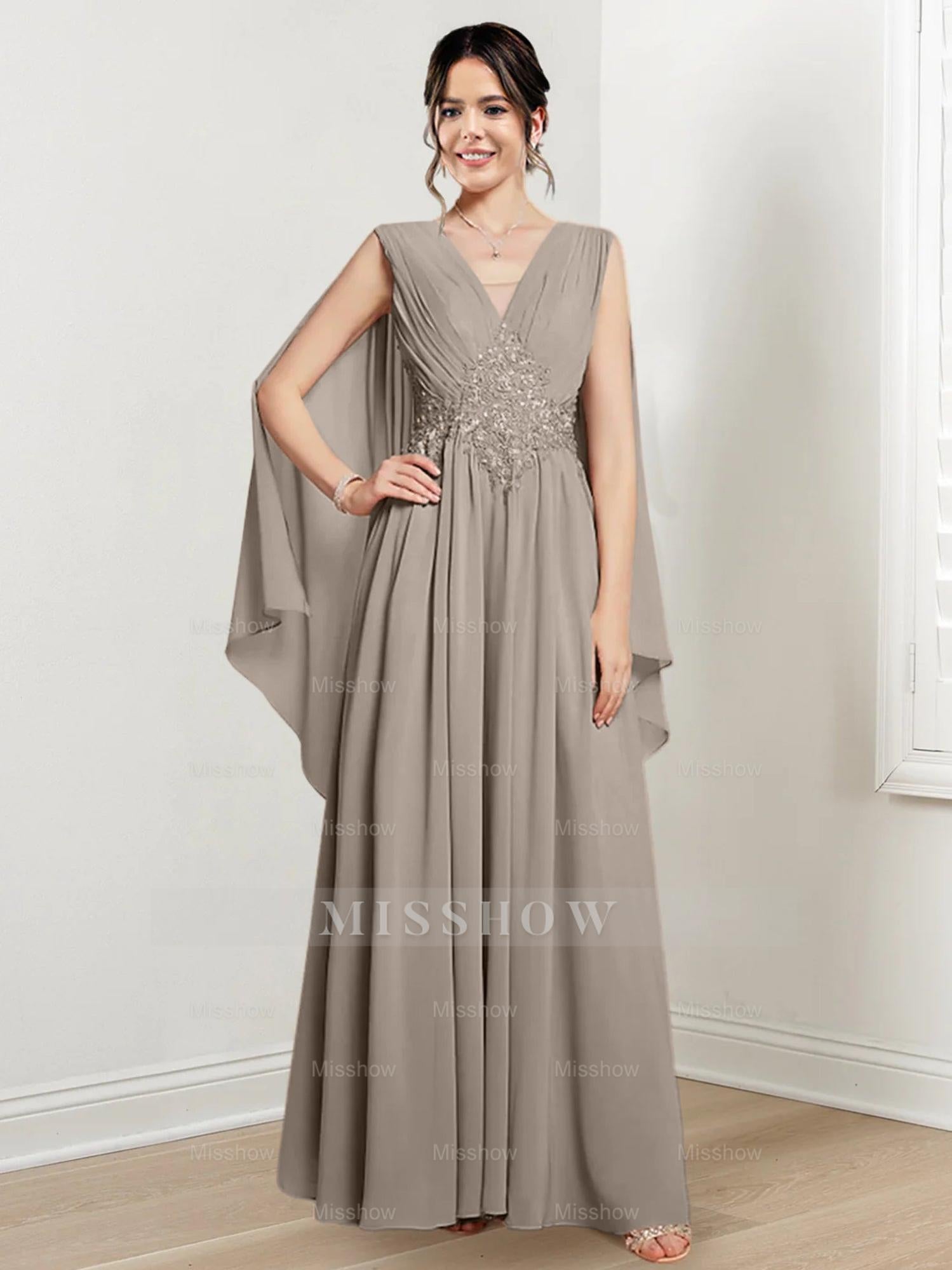 V-Neck A-Line Princess Floor-Length Dresses for the Mother of the Bride