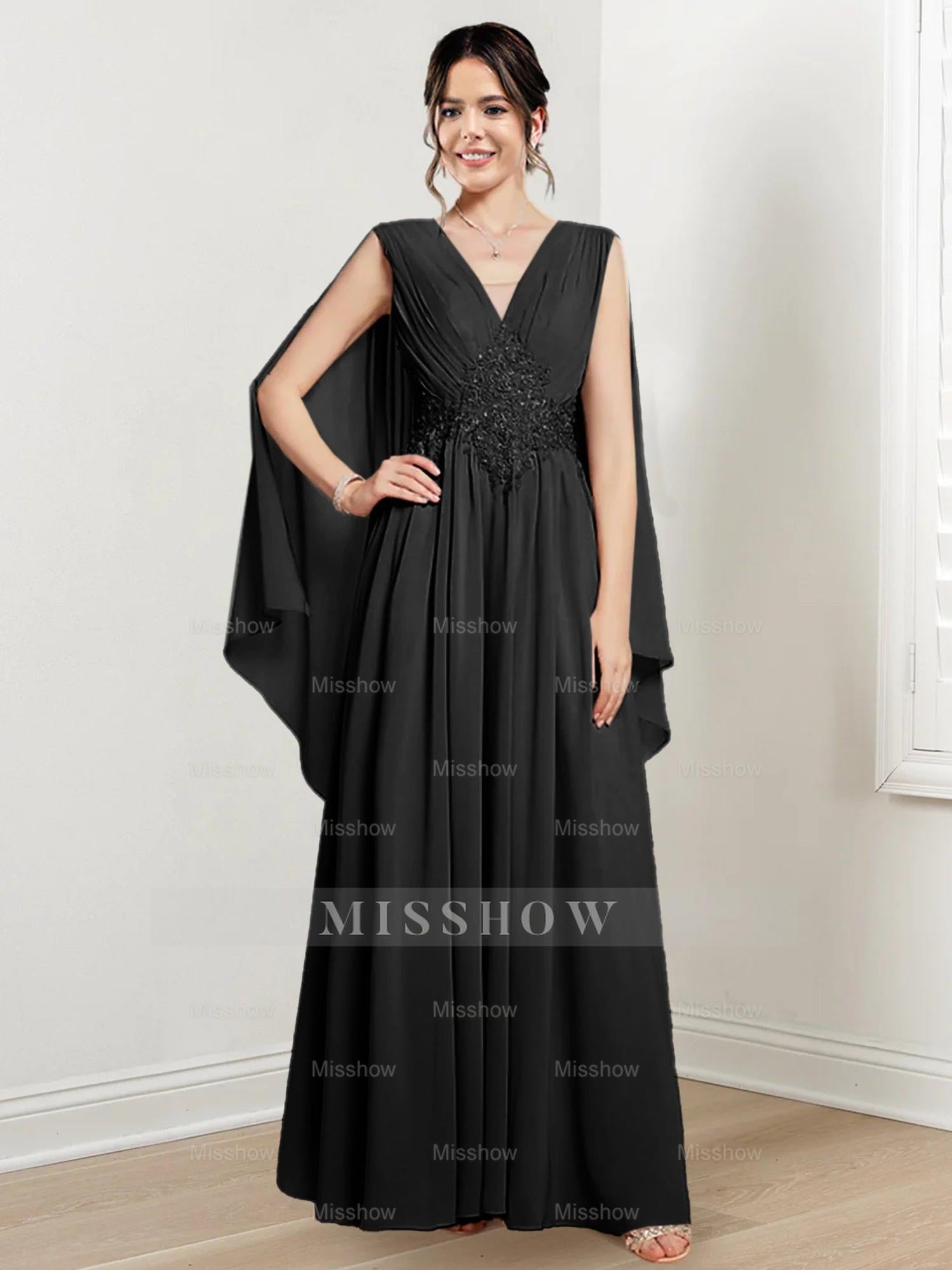 V-Neck A-Line Princess Floor-Length Dresses for the Mother of the Bride