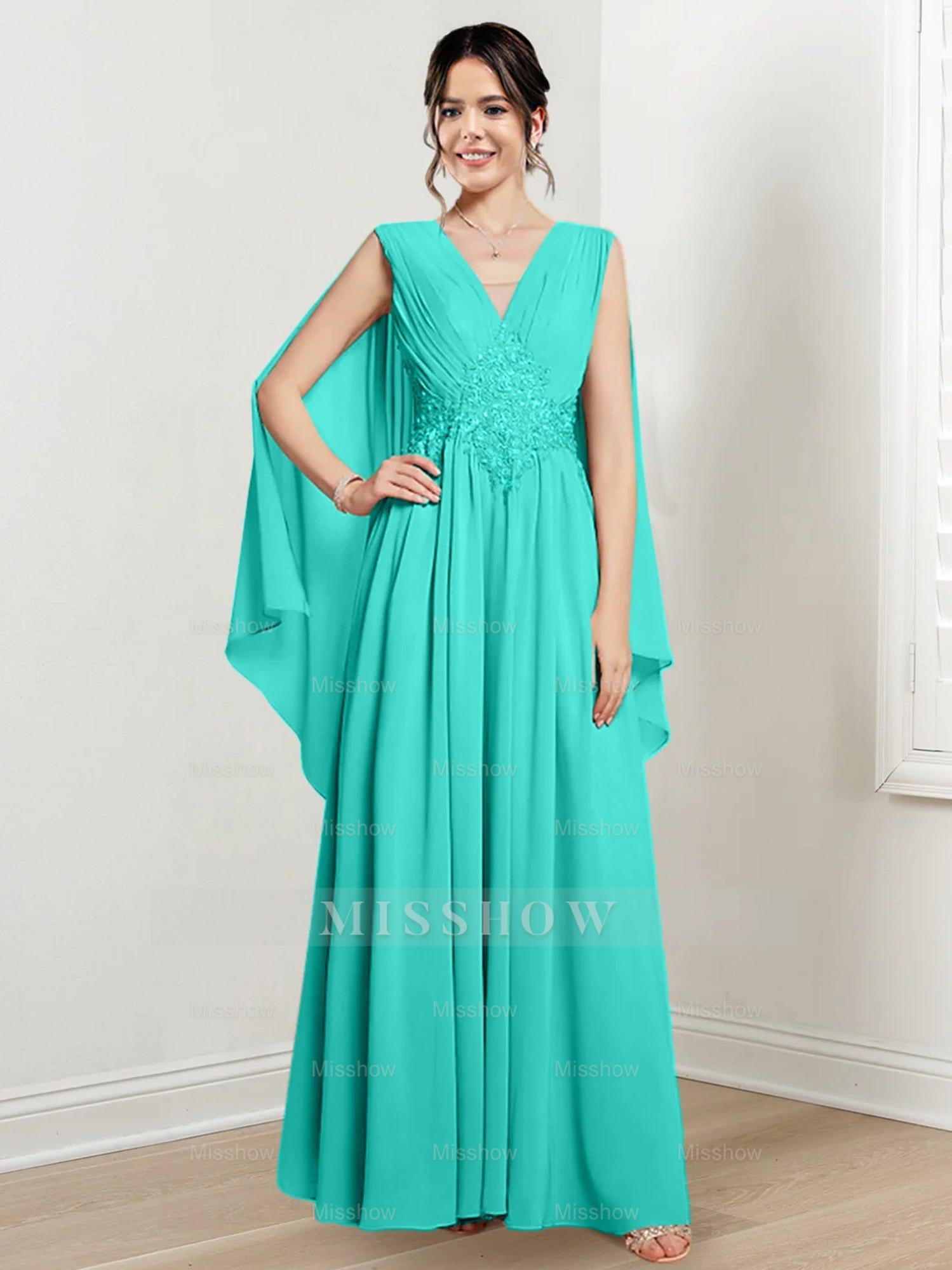 V-Neck A-Line Princess Floor-Length Dresses for the Mother of the Bride