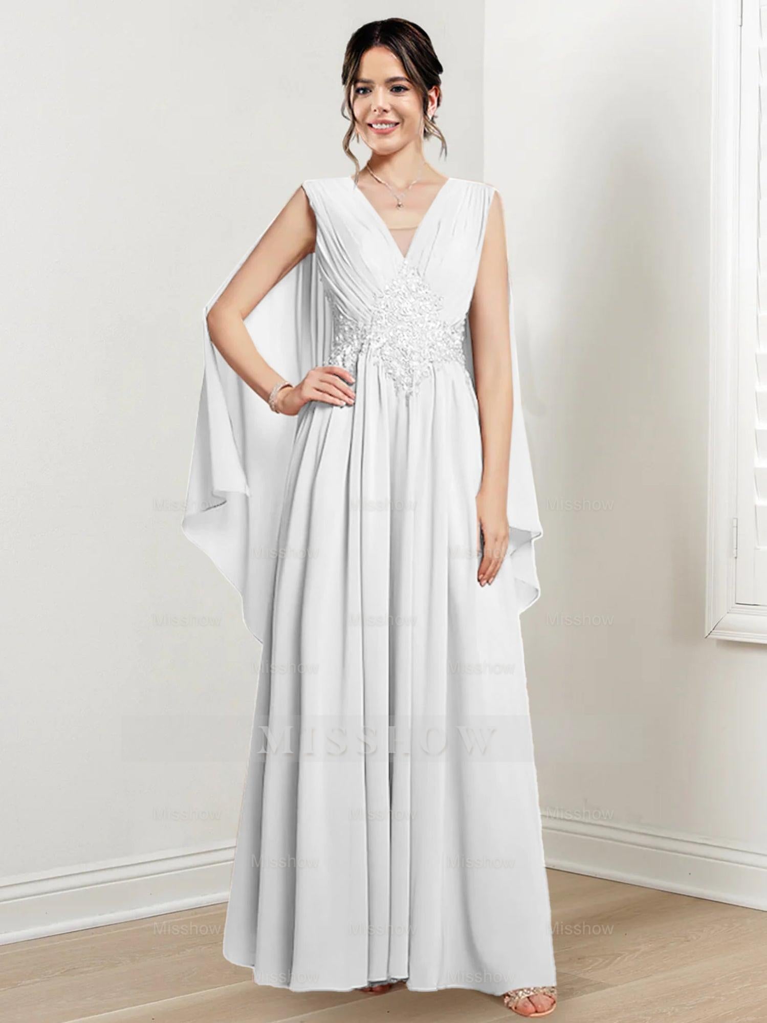 V-Neck A-Line Princess Floor-Length Dresses for the Mother of the Bride