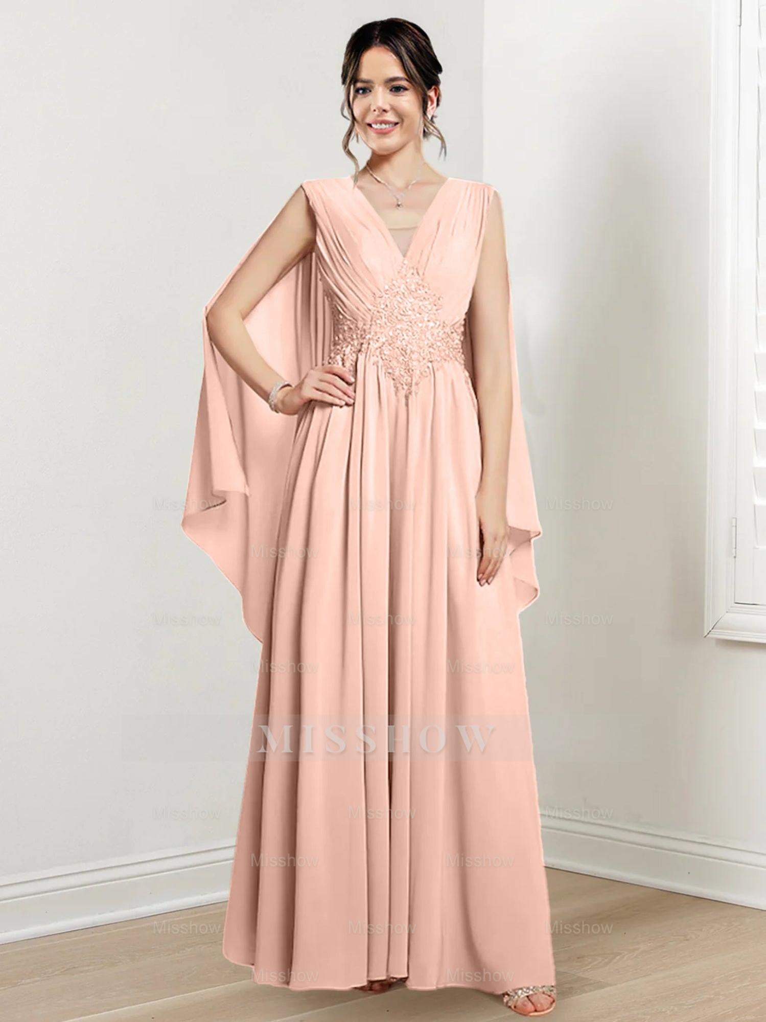 V-Neck A-Line Princess Floor-Length Dresses for the Mother of the Bride