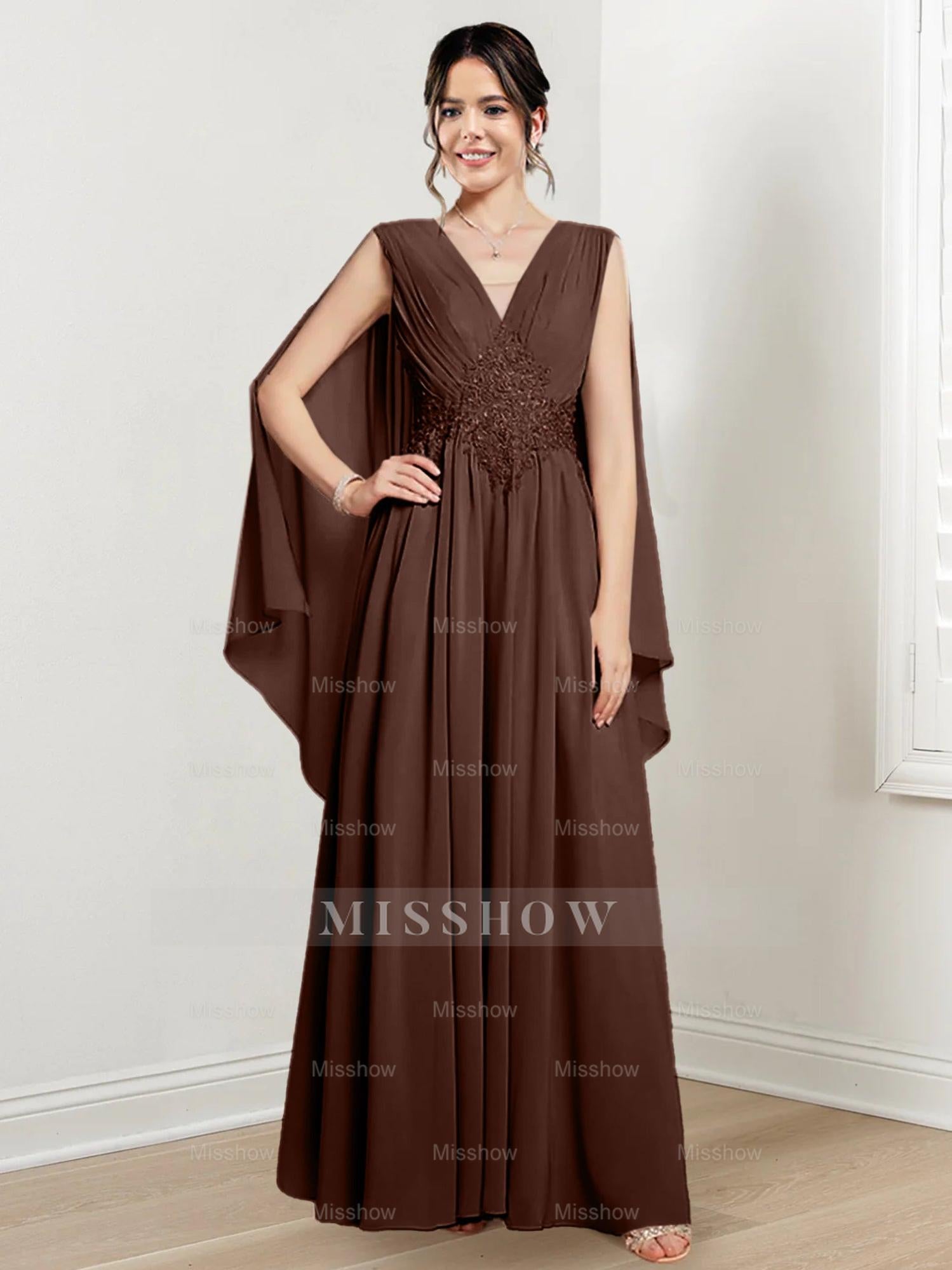 V-Neck A-Line Princess Floor-Length Dresses for the Mother of the Bride