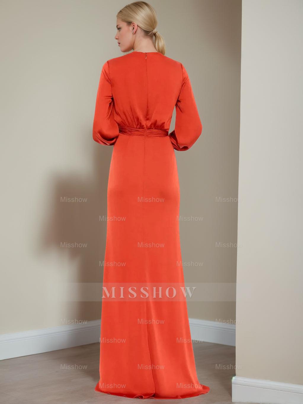 V-Neck A-Line Princess Floor-Length Mother of the Bride Dress With Ruffled Long Sleeves