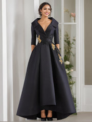 V-Neck A-Line Princess Floor-Length Mother of the Bride Dress with 3/4 Sleeves Appliques and Beading