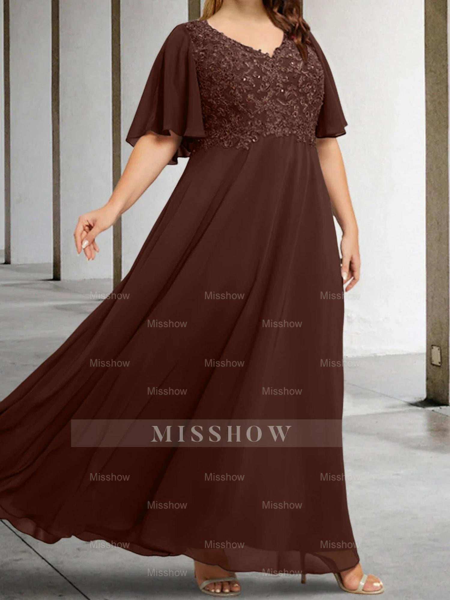 V-Neck A-Line Princess Floor-Length Mother of the Bride Dress with Applique and Half Sleeves
