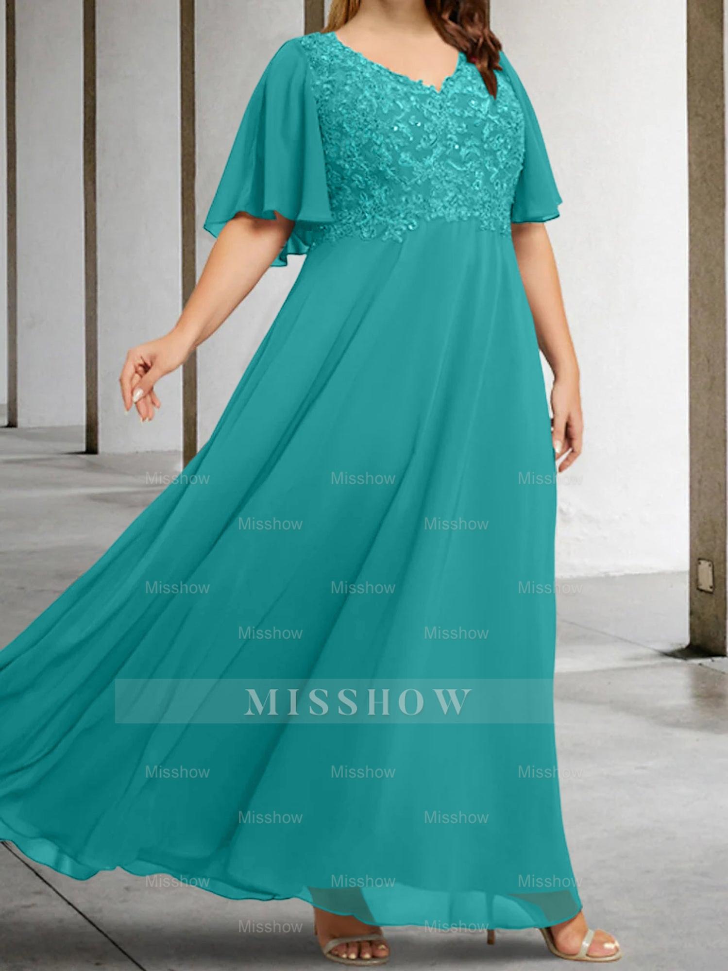 V-Neck A-Line Princess Floor-Length Mother of the Bride Dress with Applique and Half Sleeves