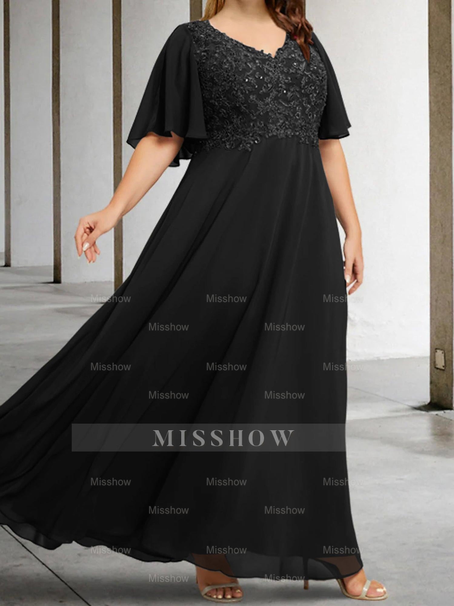 V-Neck A-Line Princess Floor-Length Mother of the Bride Dress with Applique and Half Sleeves