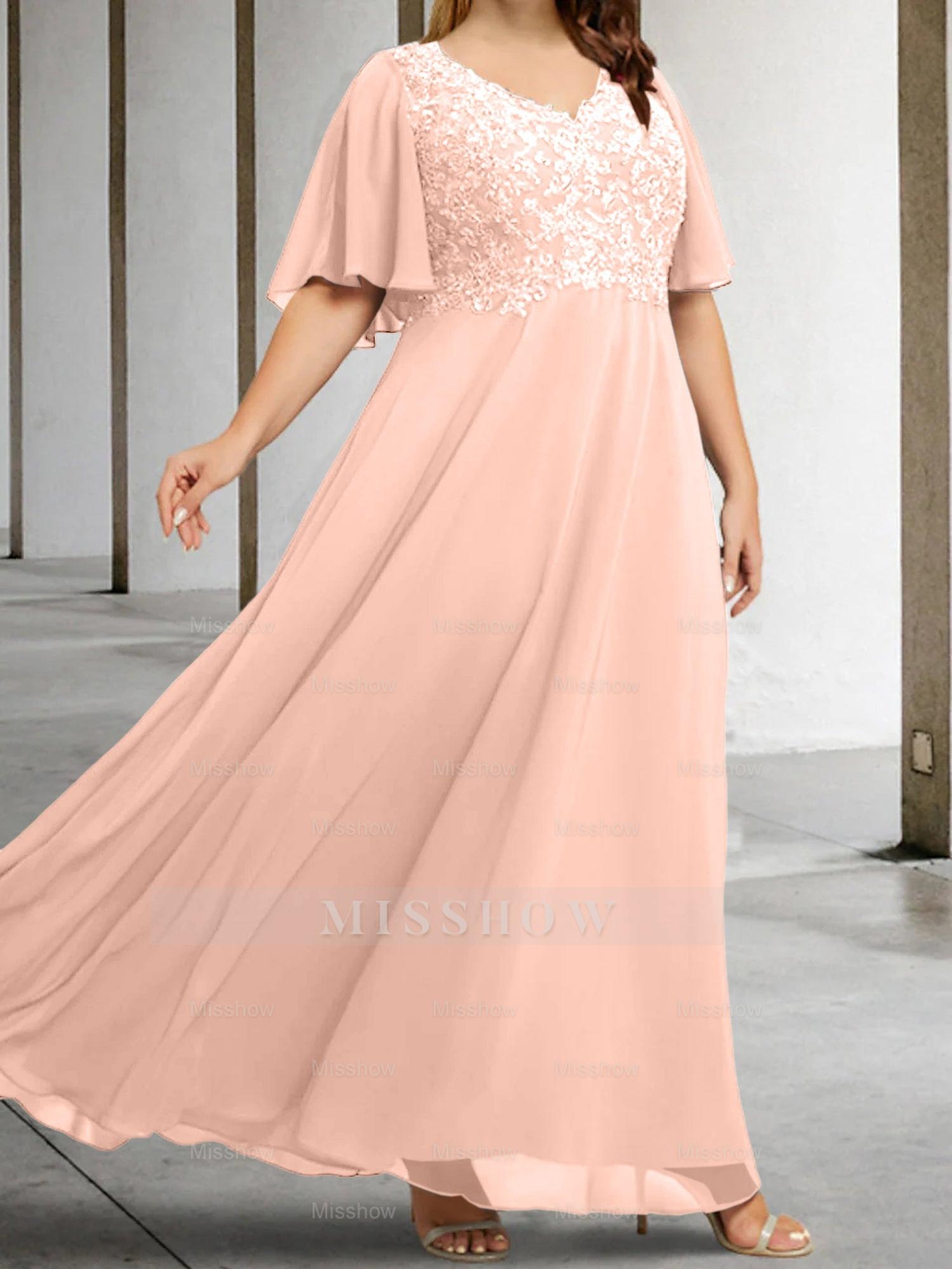 V-Neck A-Line Princess Floor-Length Mother of the Bride Dress with Applique and Half Sleeves