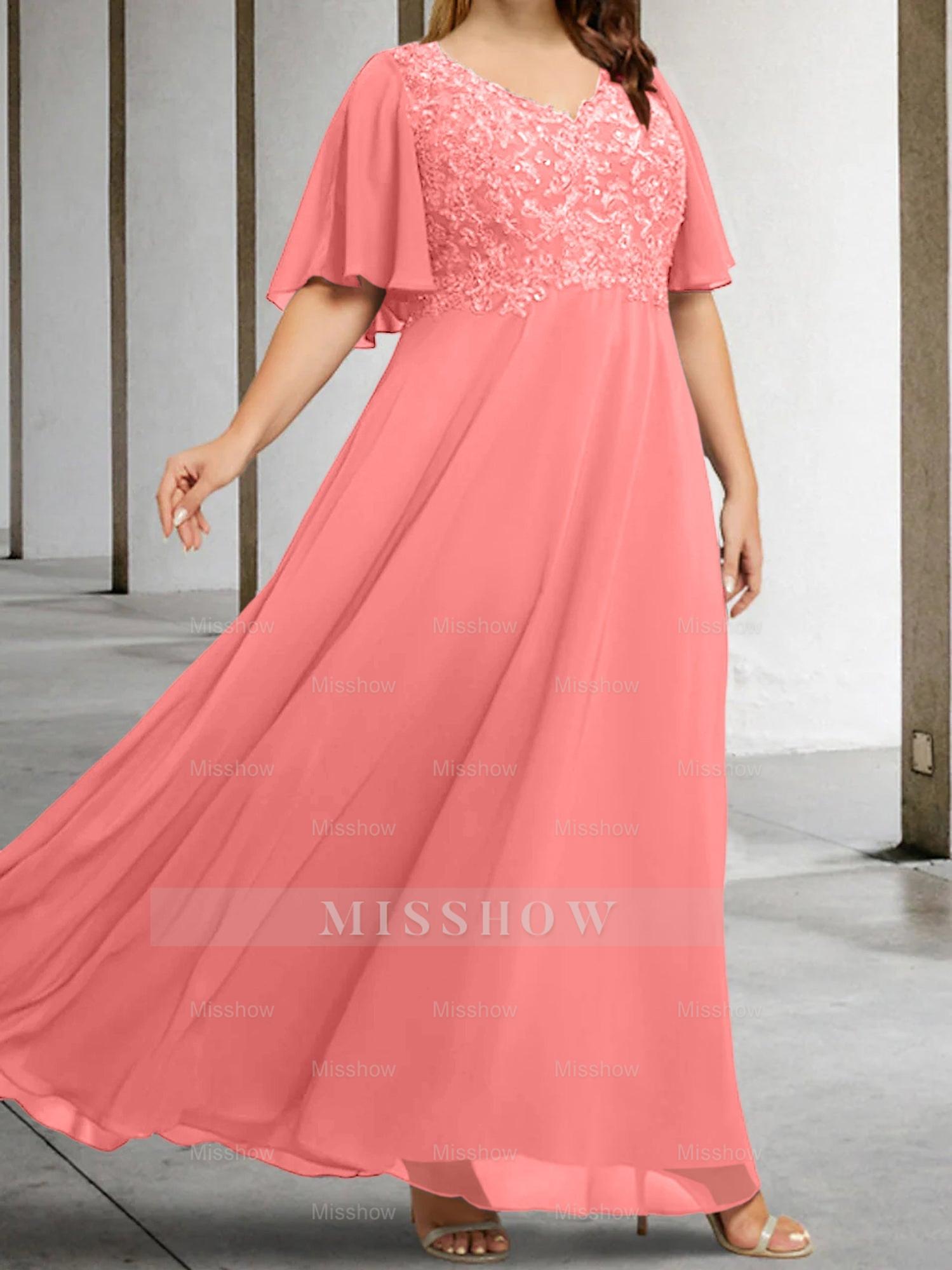V-Neck A-Line Princess Floor-Length Mother of the Bride Dress with Applique and Half Sleeves