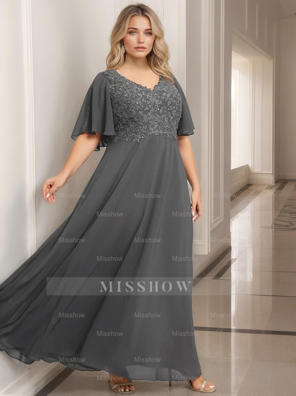 V-Neck A-Line Princess Floor-Length Mother of the Bride Dress with Applique and Half Sleeves