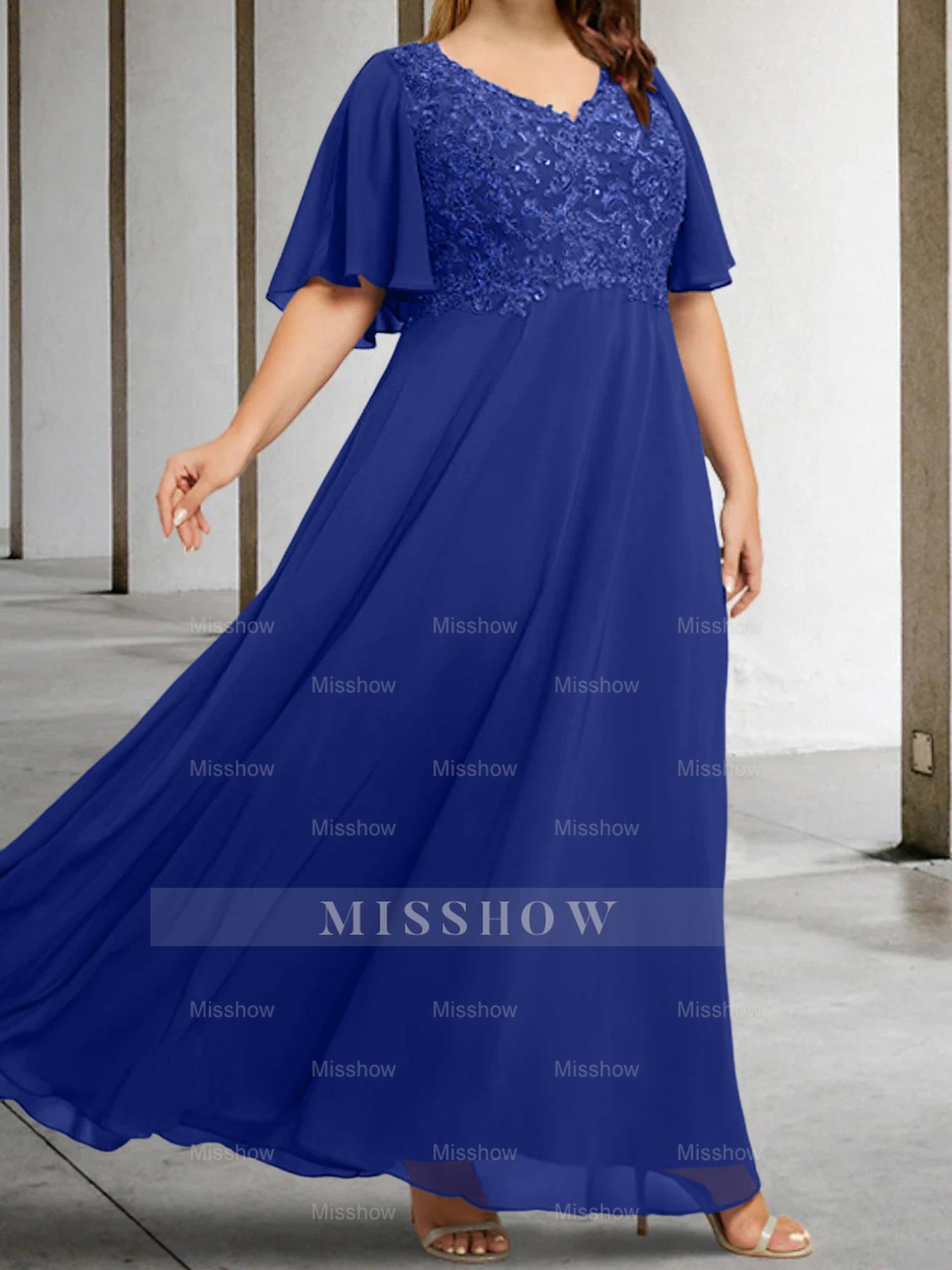 V-Neck A-Line Princess Floor-Length Mother of the Bride Dress with Applique and Half Sleeves