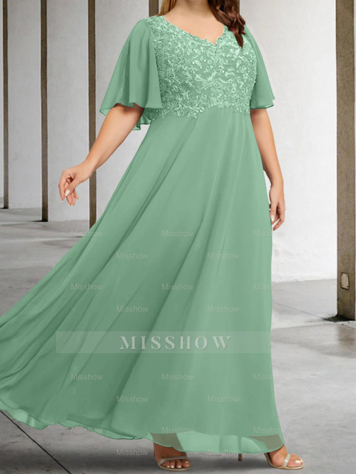 V-Neck A-Line Princess Floor-Length Mother of the Bride Dress with Applique and Half Sleeves
