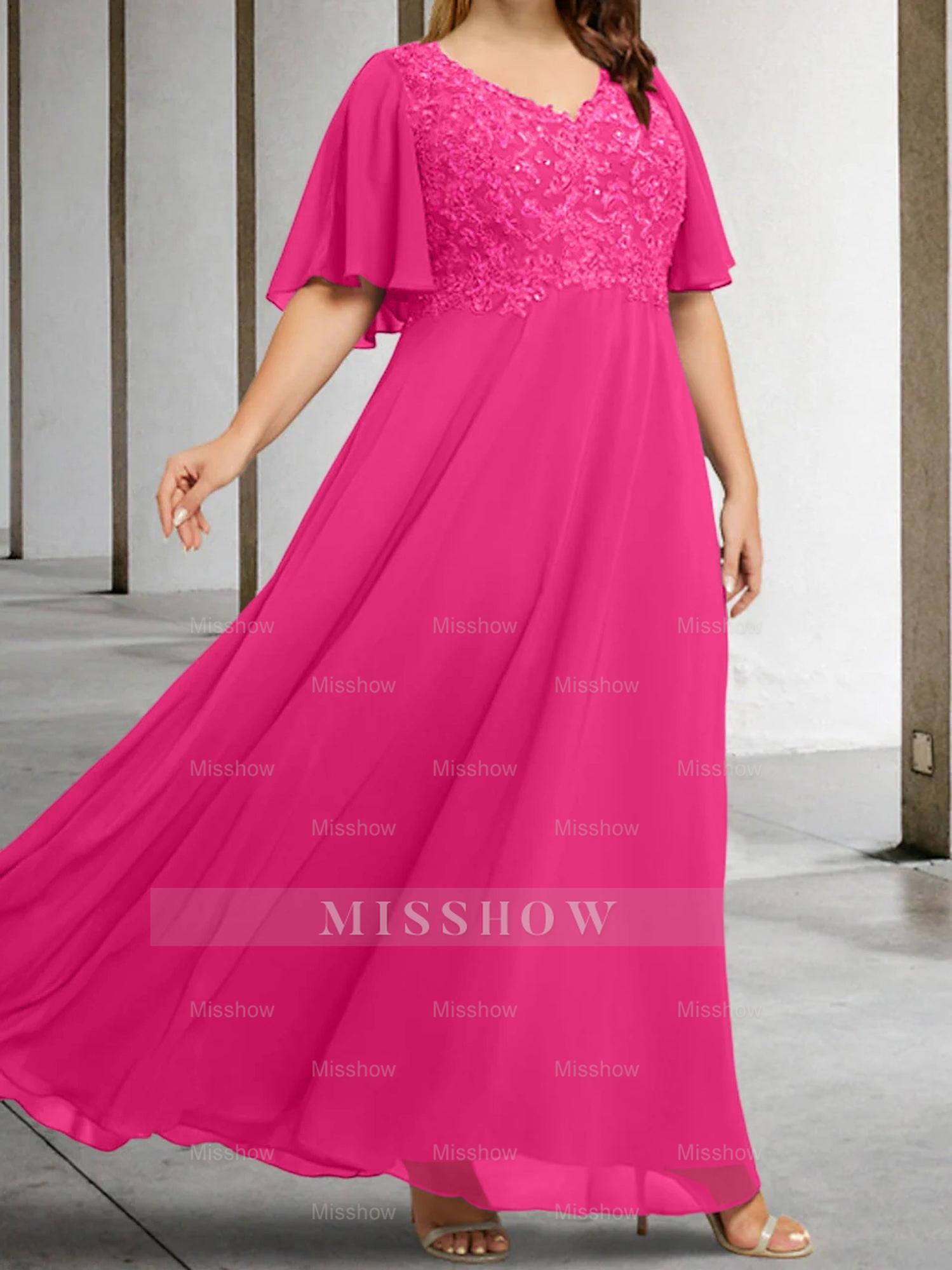 V-Neck A-Line Princess Floor-Length Mother of the Bride Dress with Applique and Half Sleeves