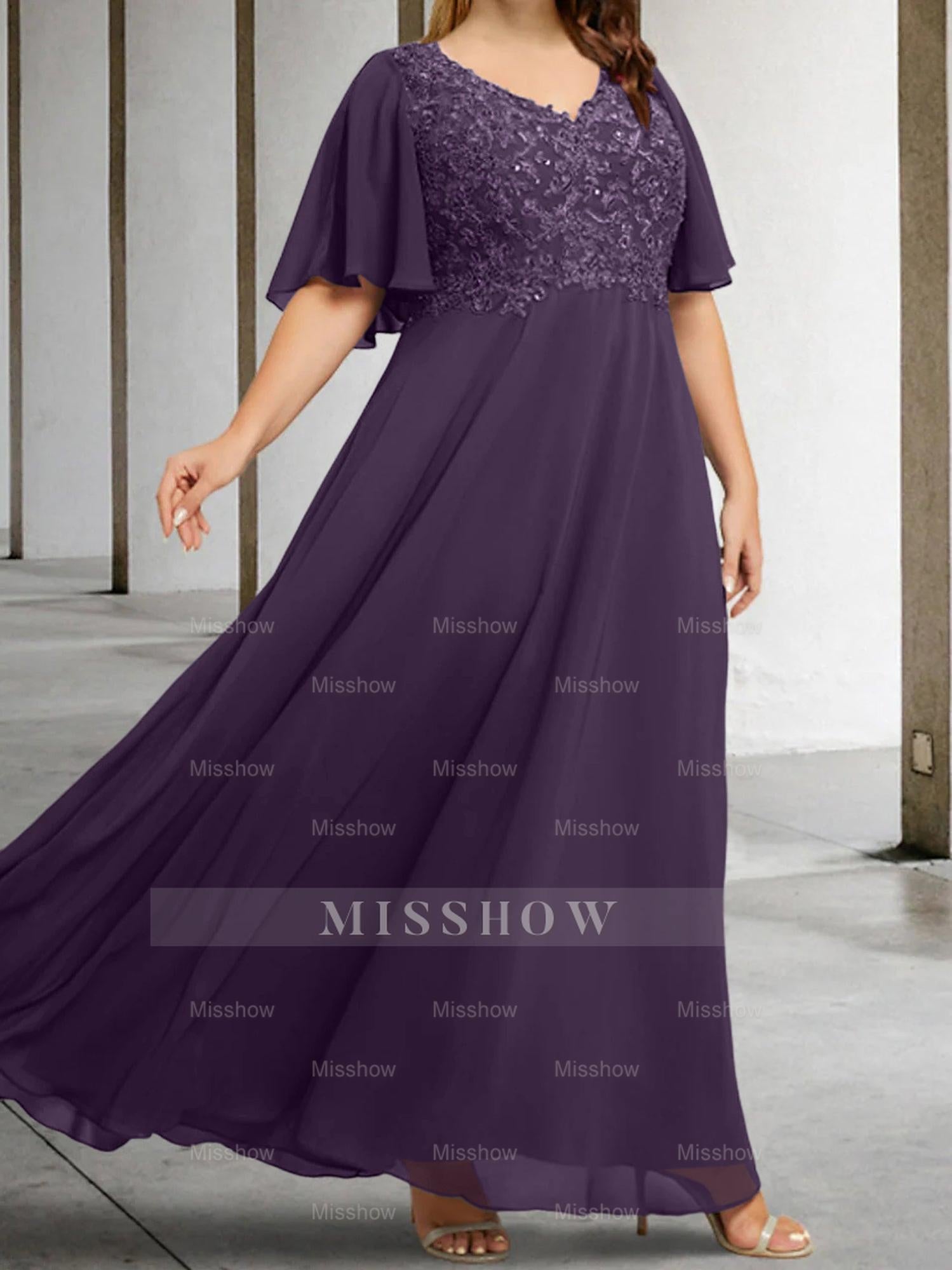 V-Neck A-Line Princess Floor-Length Mother of the Bride Dress with Applique and Half Sleeves