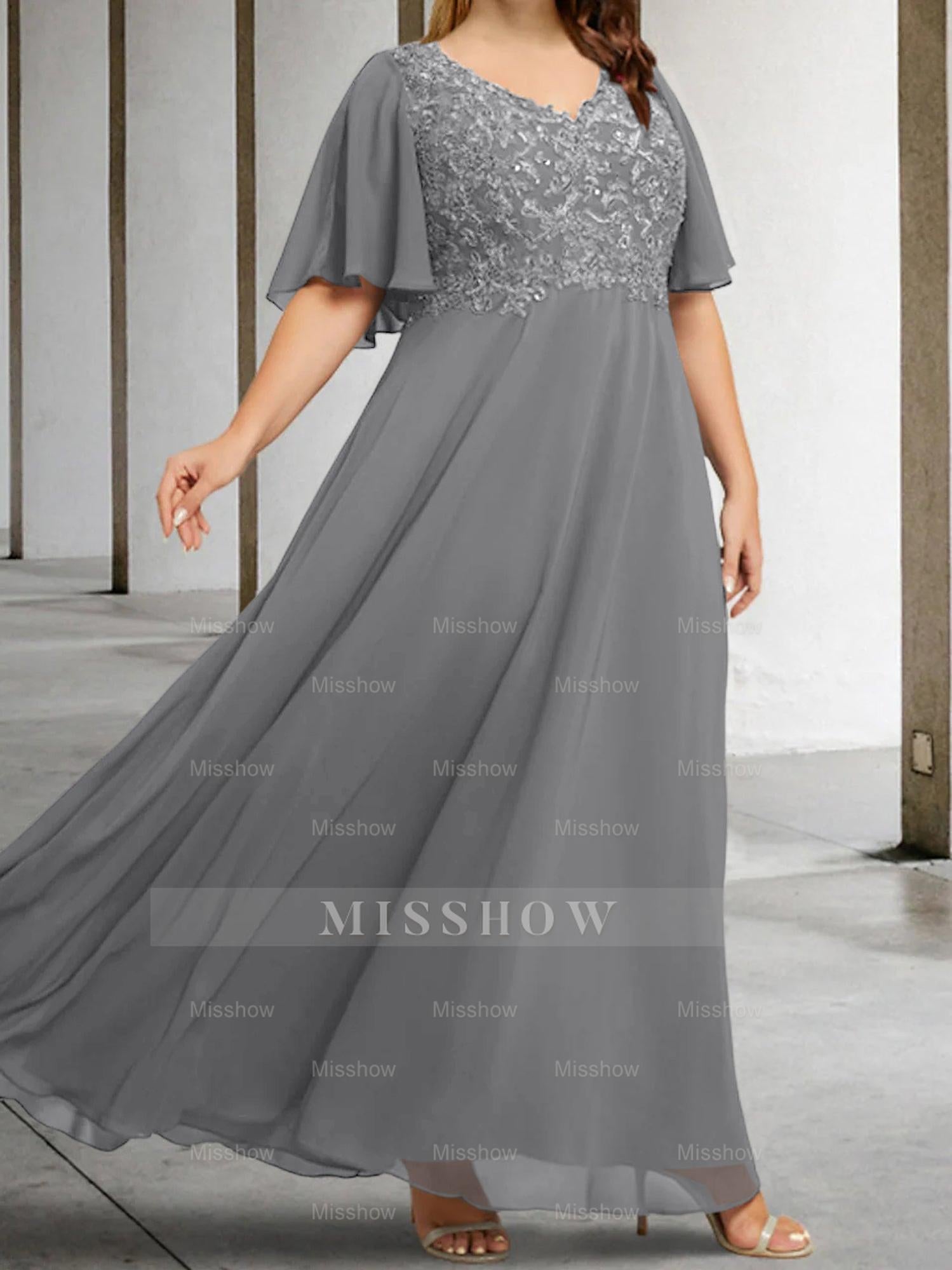 V-Neck A-Line Princess Floor-Length Mother of the Bride Dress with Applique and Half Sleeves
