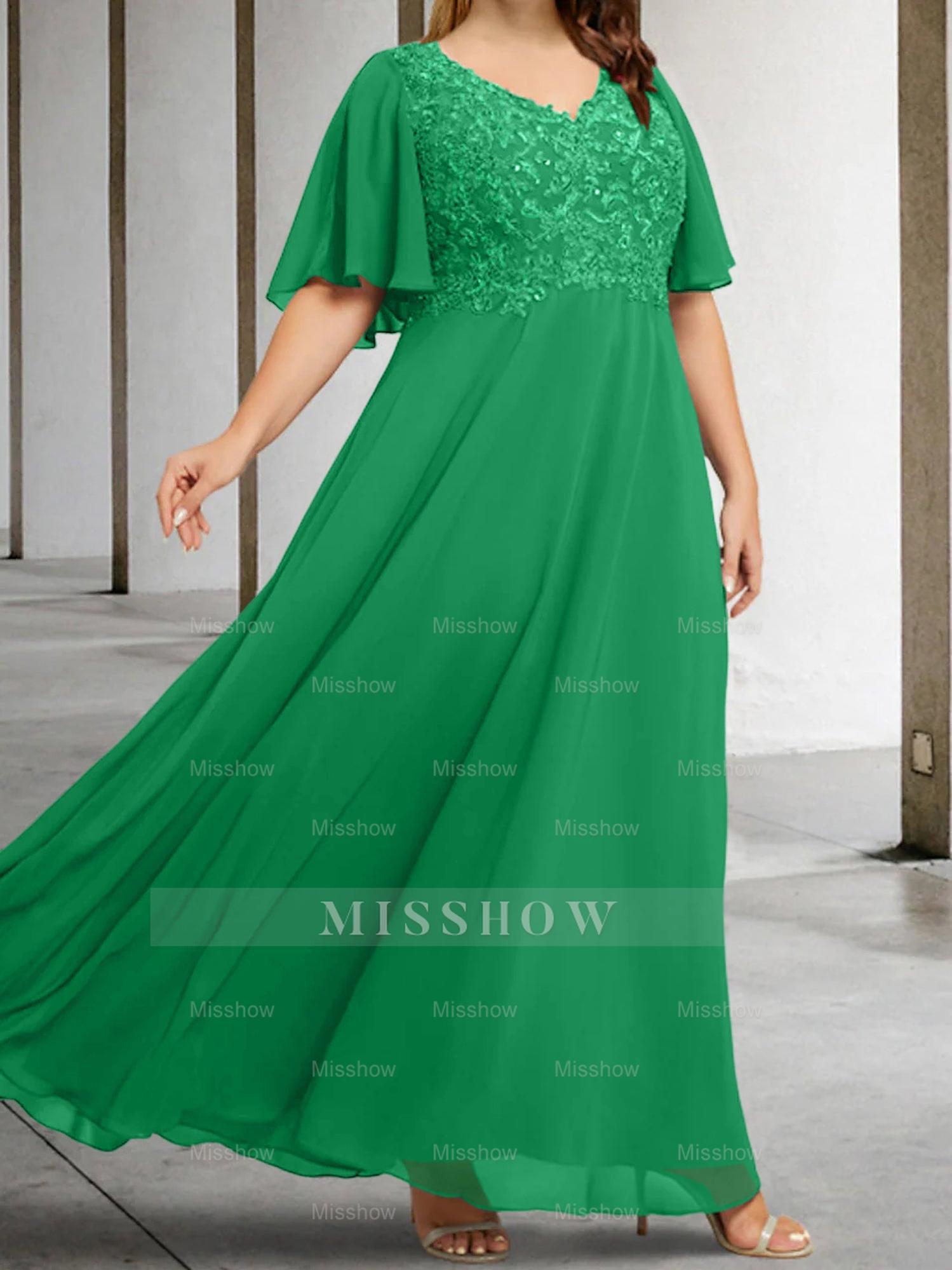 V-Neck A-Line Princess Floor-Length Mother of the Bride Dress with Applique and Half Sleeves
