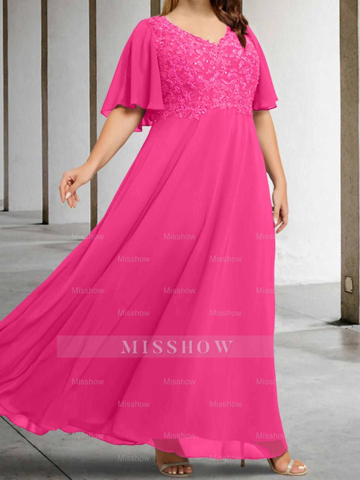 V-Neck A-Line Princess Floor-Length Mother of the Bride Dress with Applique and Half Sleeves