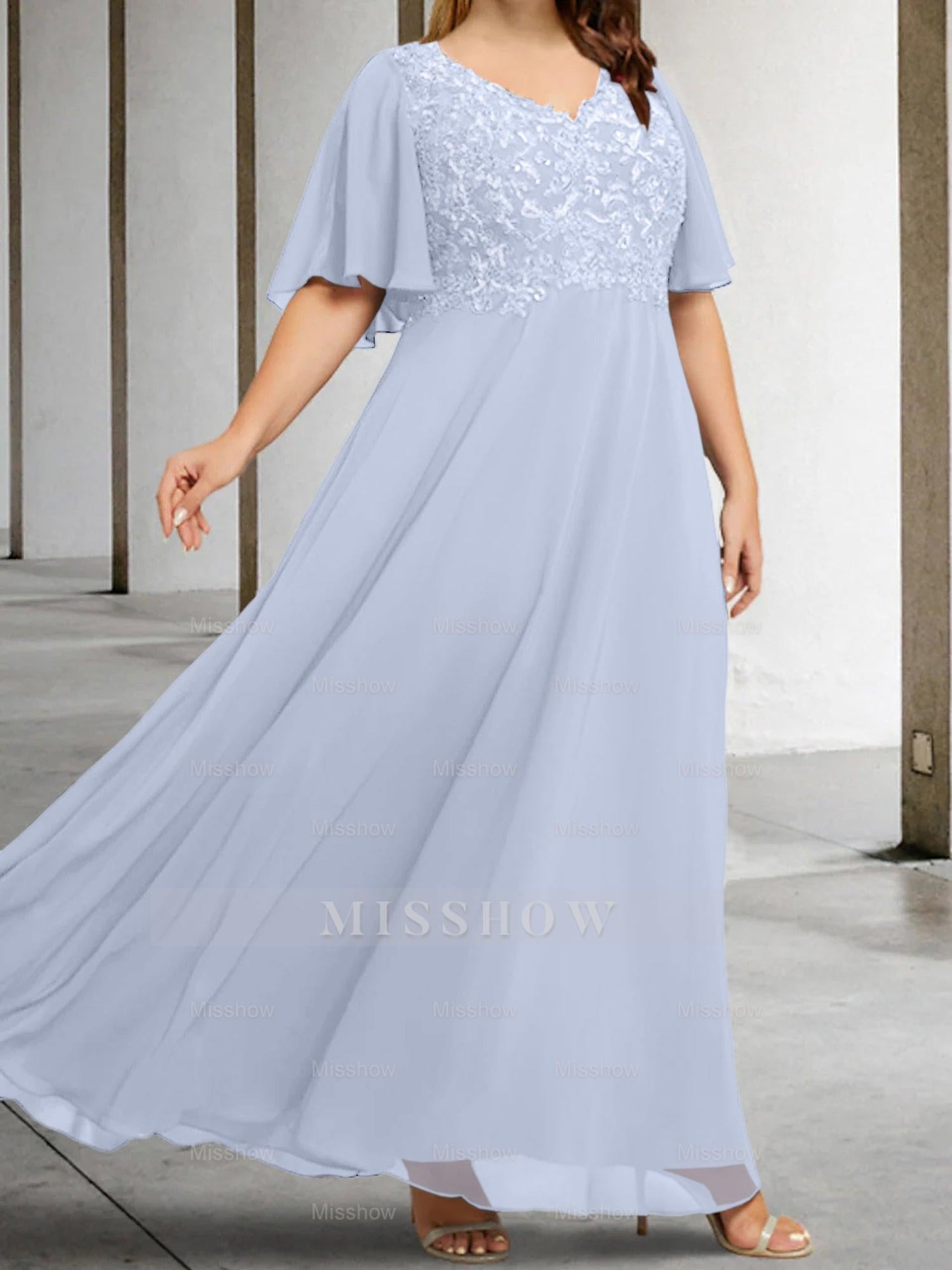 V-Neck A-Line Princess Floor-Length Mother of the Bride Dress with Applique and Half Sleeves