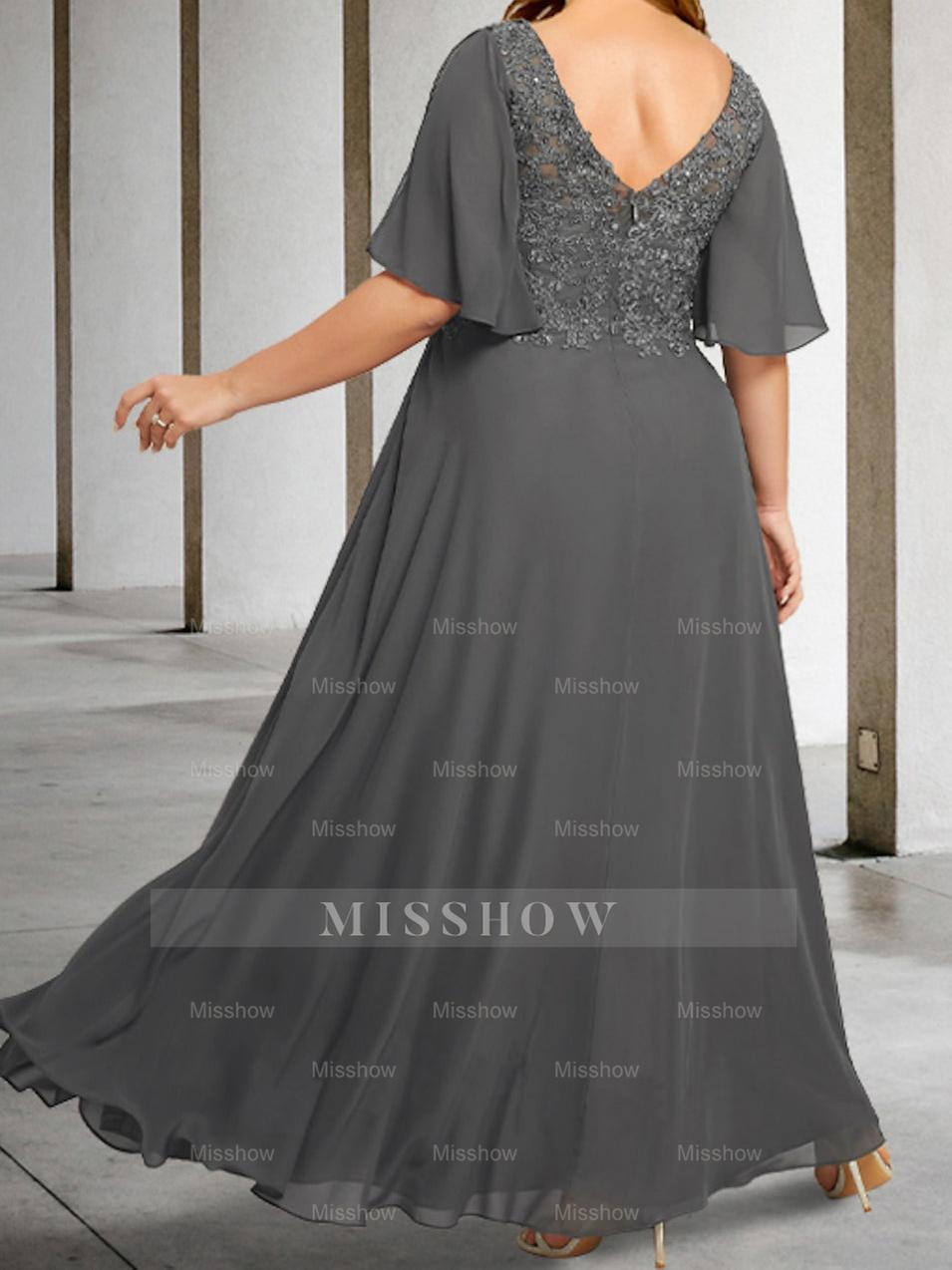 V-Neck A-Line Princess Floor-Length Mother of the Bride Dress with Applique and Half Sleeves