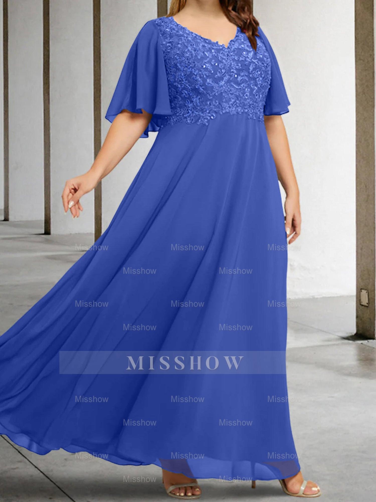 V-Neck A-Line Princess Floor-Length Mother of the Bride Dress with Applique and Half Sleeves