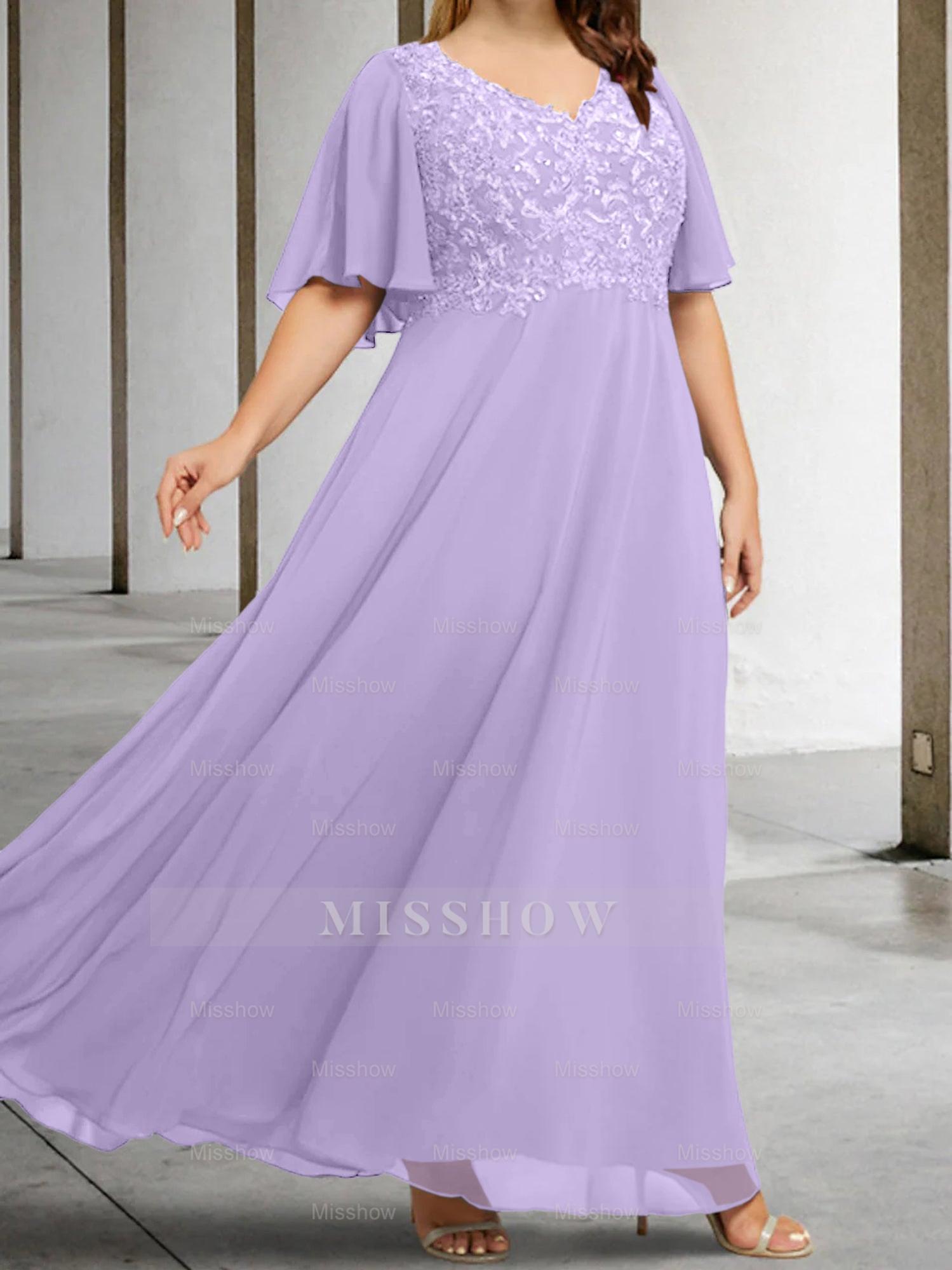 V-Neck A-Line Princess Floor-Length Mother of the Bride Dress with Applique and Half Sleeves