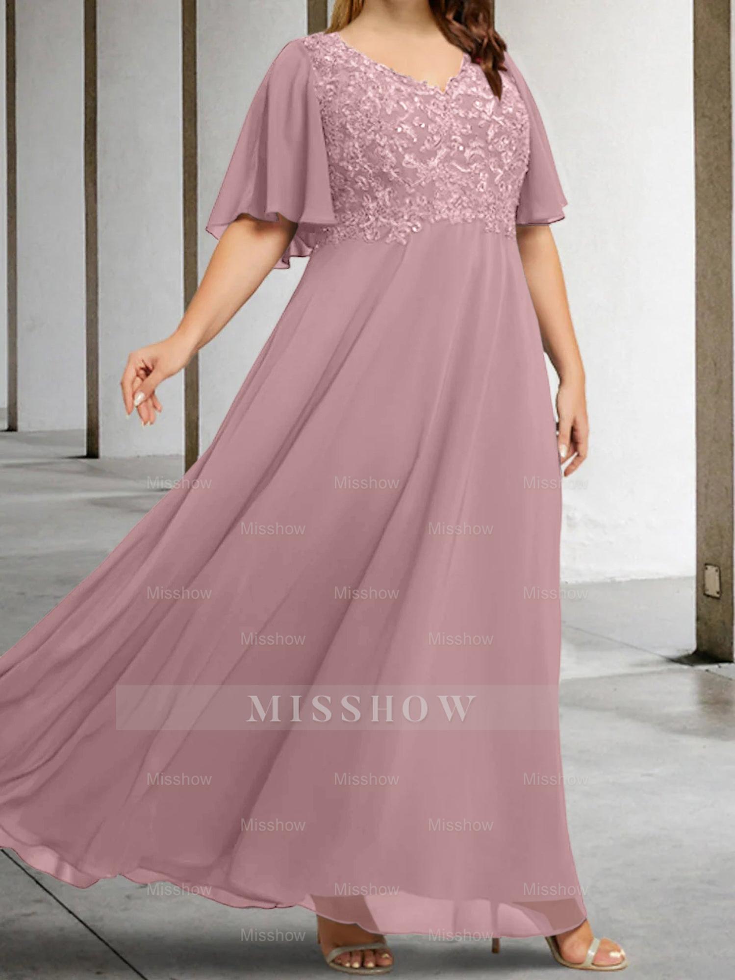 V-Neck A-Line Princess Floor-Length Mother of the Bride Dress with Applique and Half Sleeves