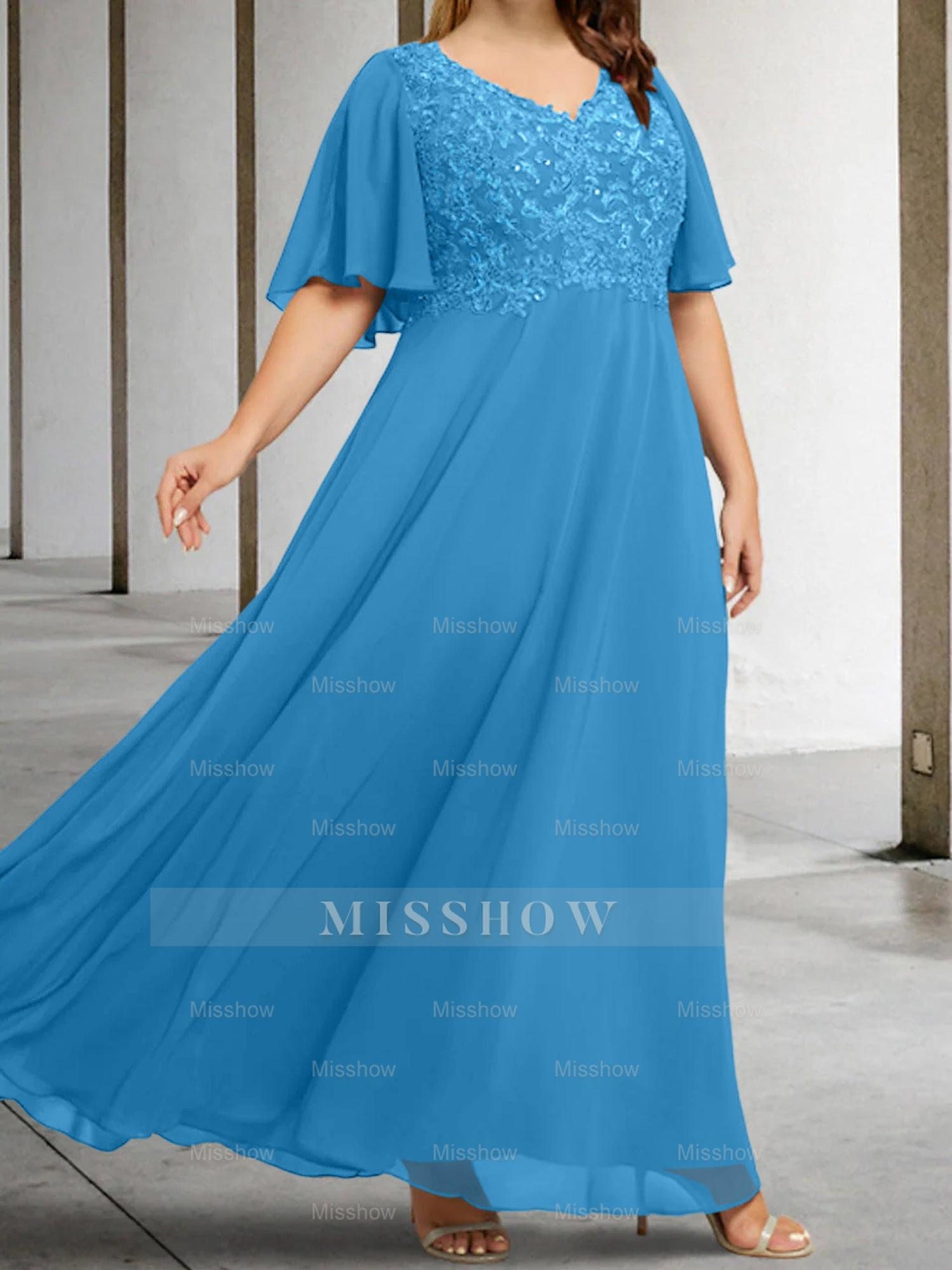 V-Neck A-Line Princess Floor-Length Mother of the Bride Dress with Applique and Half Sleeves