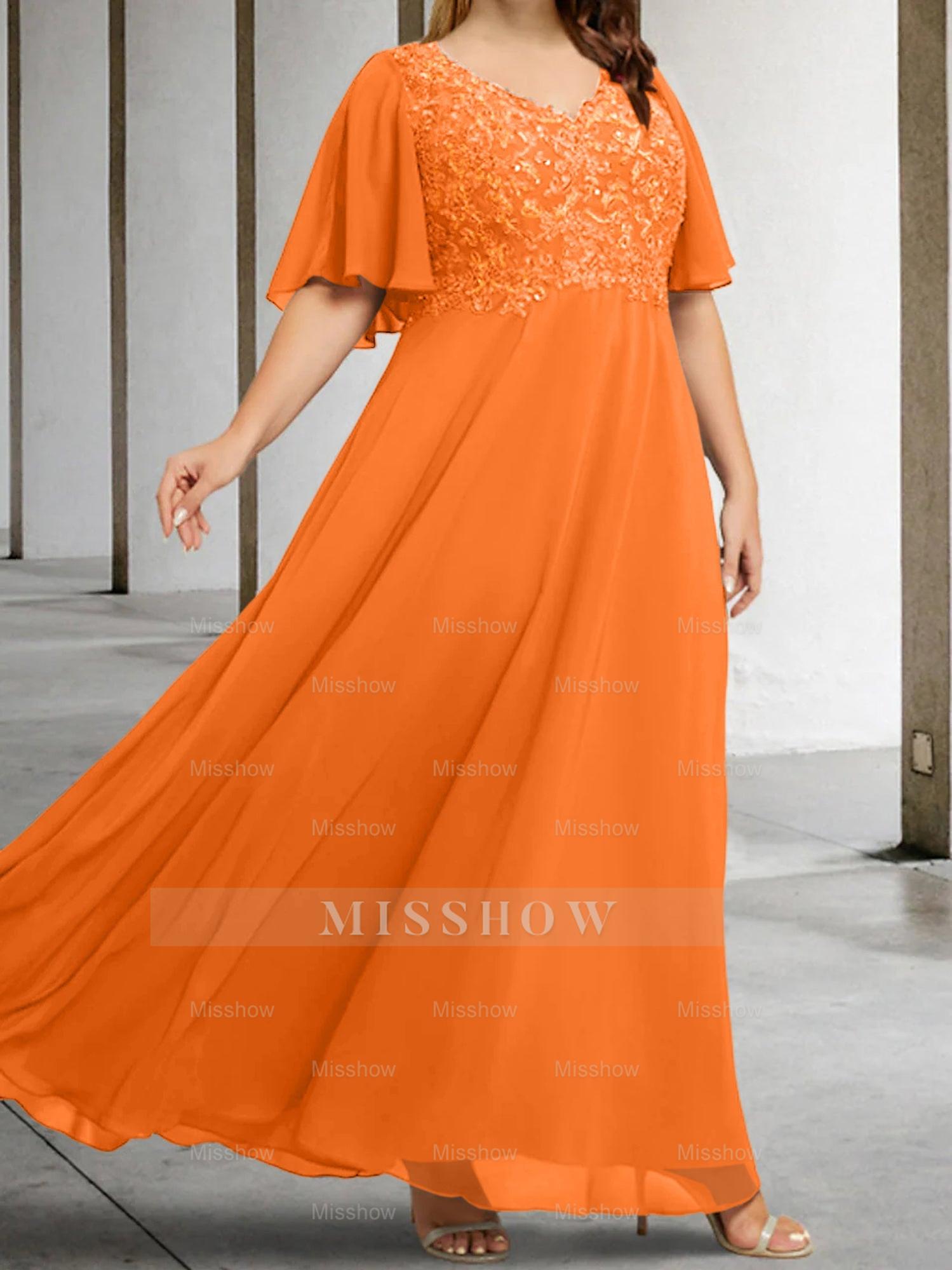 V-Neck A-Line Princess Floor-Length Mother of the Bride Dress with Applique and Half Sleeves