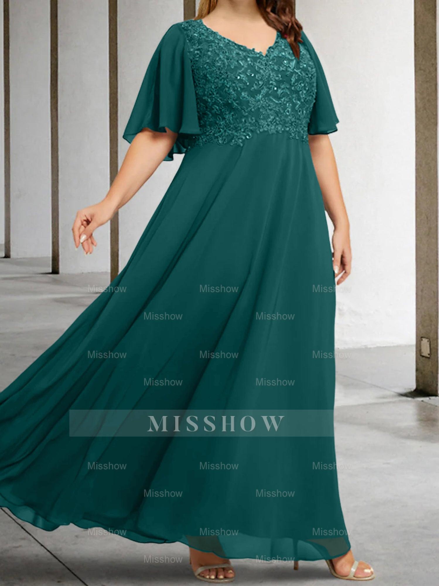 V-Neck A-Line Princess Floor-Length Mother of the Bride Dress with Applique and Half Sleeves