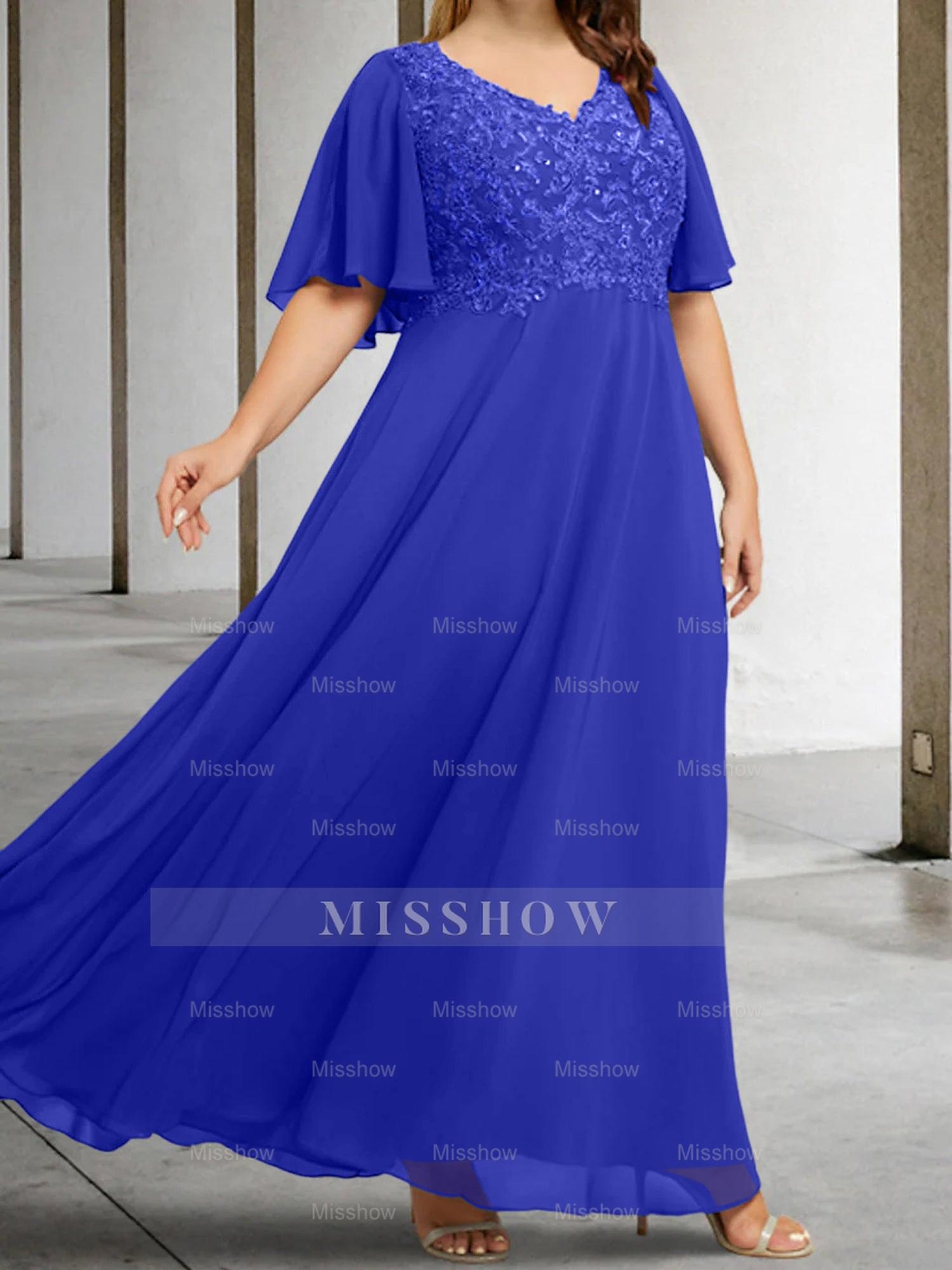 V-Neck A-Line Princess Floor-Length Mother of the Bride Dress with Applique and Half Sleeves