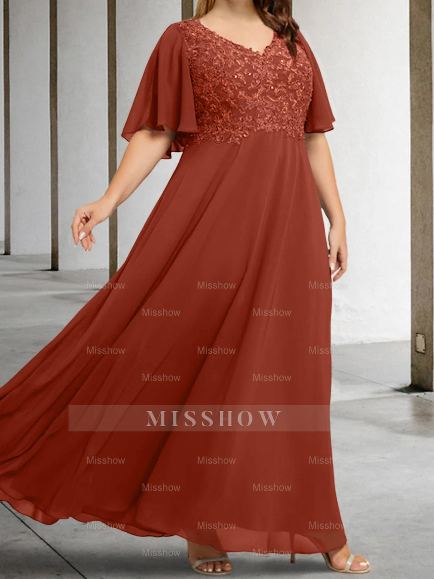V-Neck A-Line Princess Floor-Length Mother of the Bride Dress with Applique and Half Sleeves