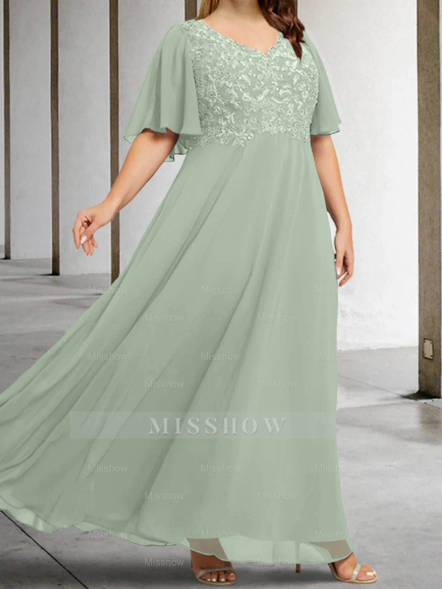 V-Neck A-Line Princess Floor-Length Mother of the Bride Dress with Applique and Half Sleeves