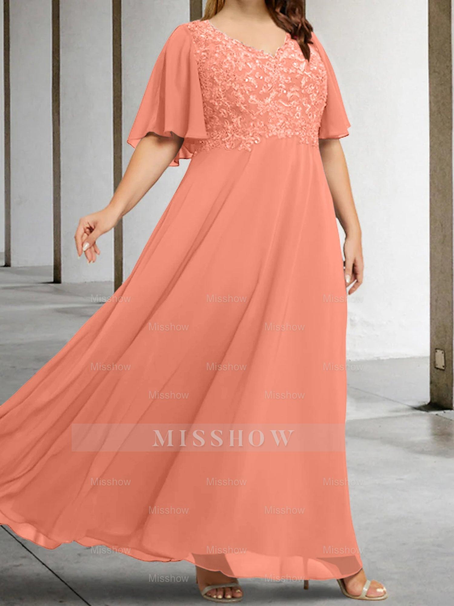 V-Neck A-Line Princess Floor-Length Mother of the Bride Dress with Applique and Half Sleeves
