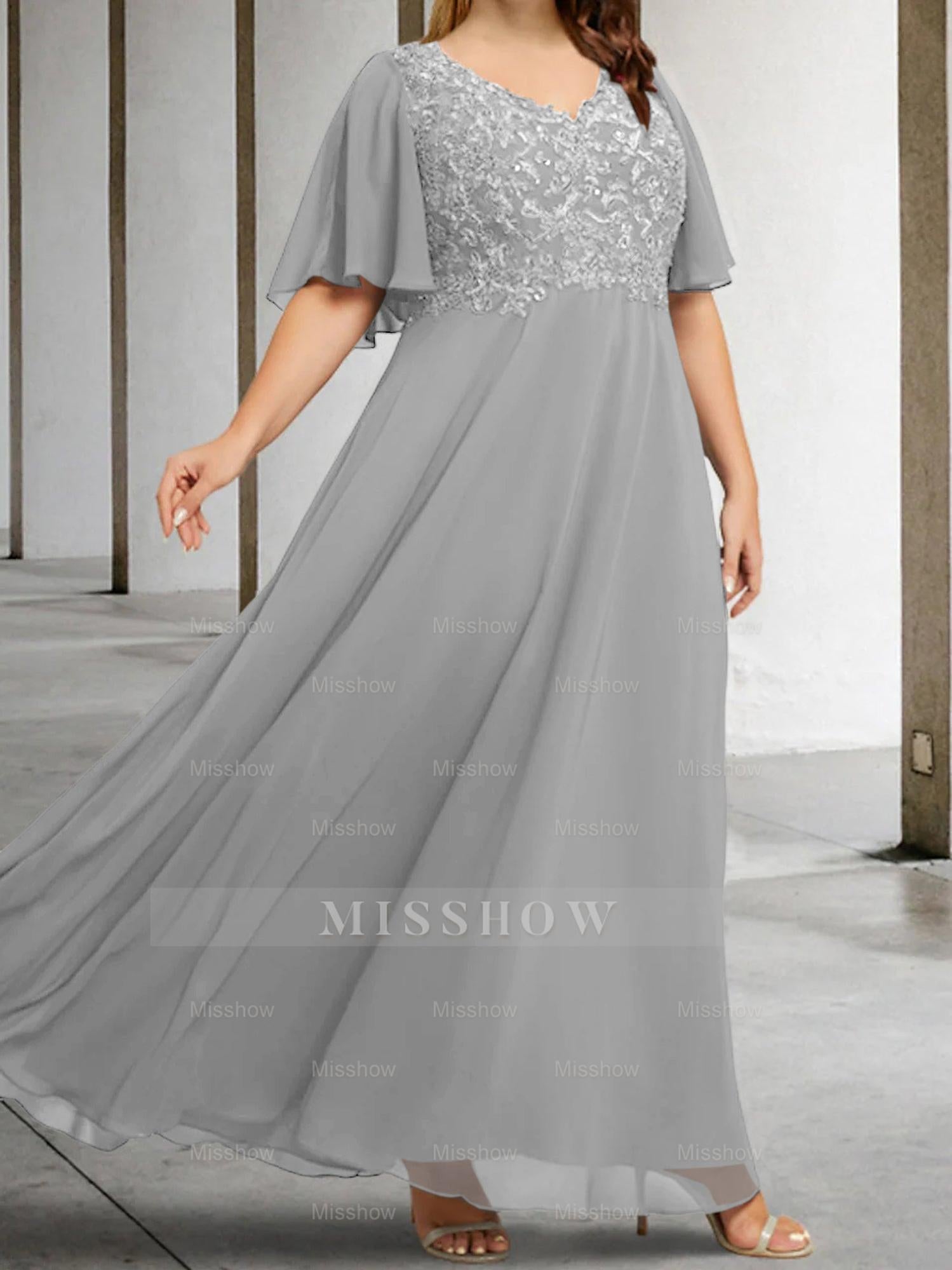 V-Neck A-Line Princess Floor-Length Mother of the Bride Dress with Applique and Half Sleeves