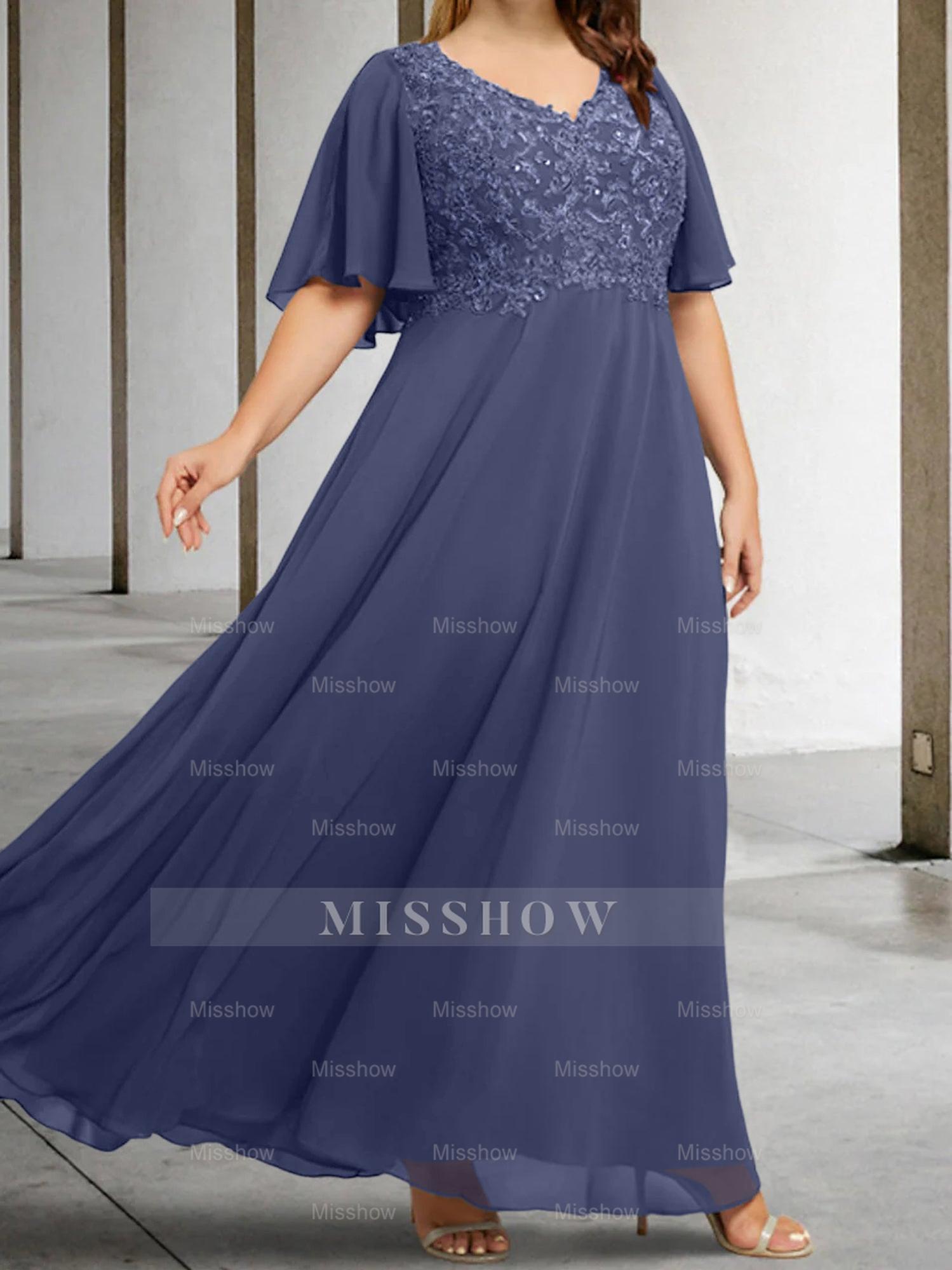 V-Neck A-Line Princess Floor-Length Mother of the Bride Dress with Applique and Half Sleeves