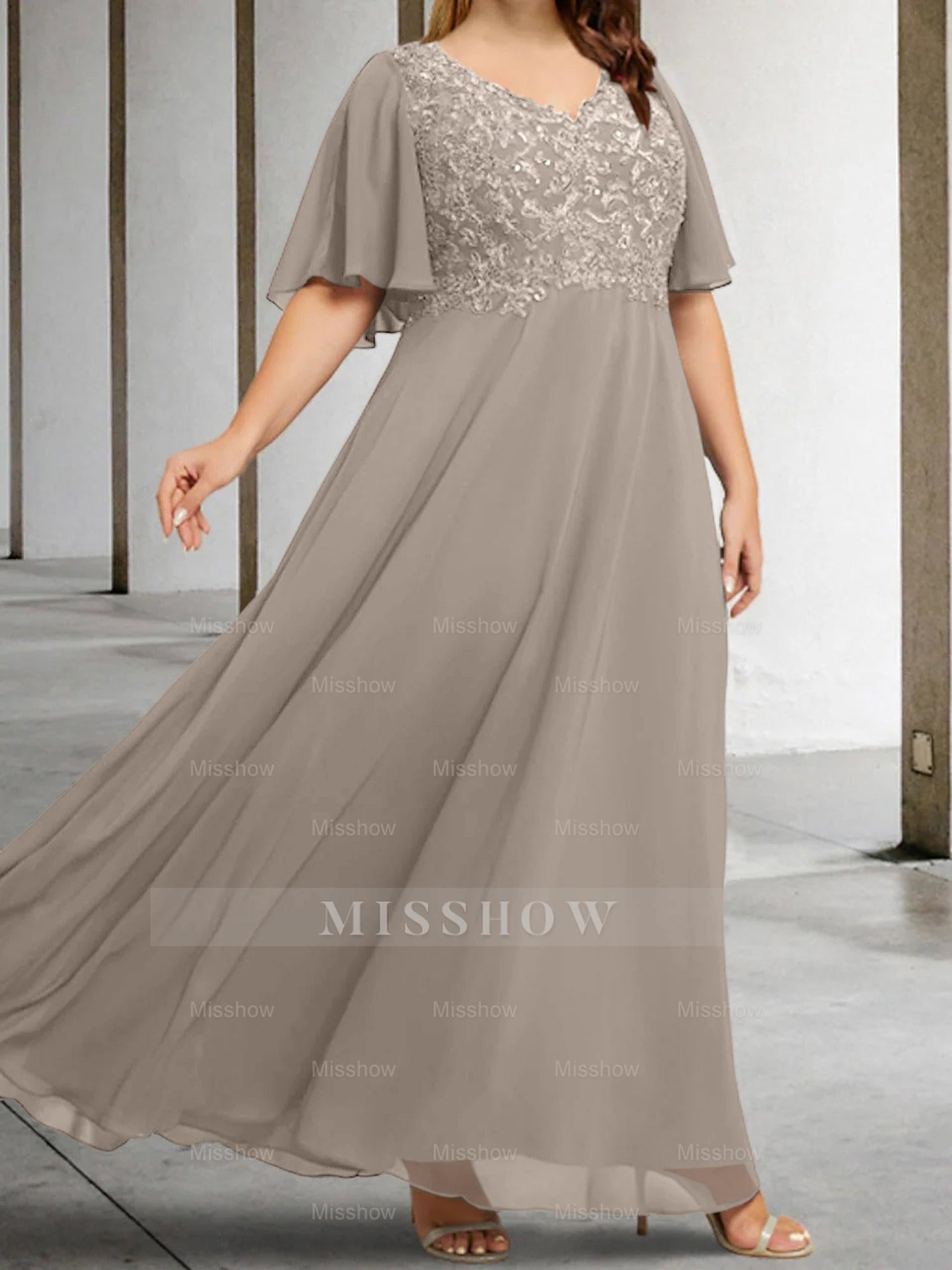 V-Neck A-Line Princess Floor-Length Mother of the Bride Dress with Applique and Half Sleeves
