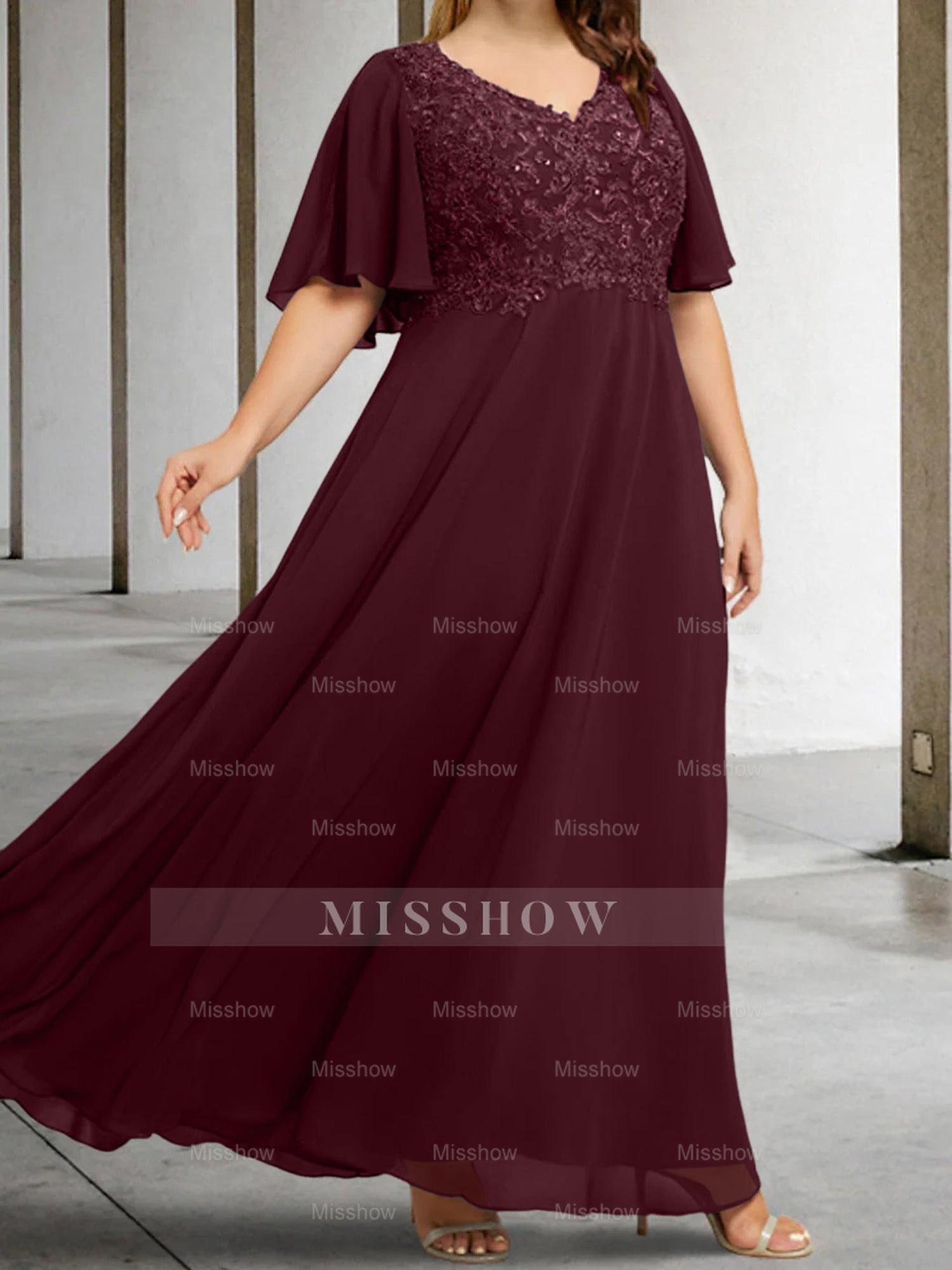 V-Neck A-Line Princess Floor-Length Mother of the Bride Dress with Applique and Half Sleeves