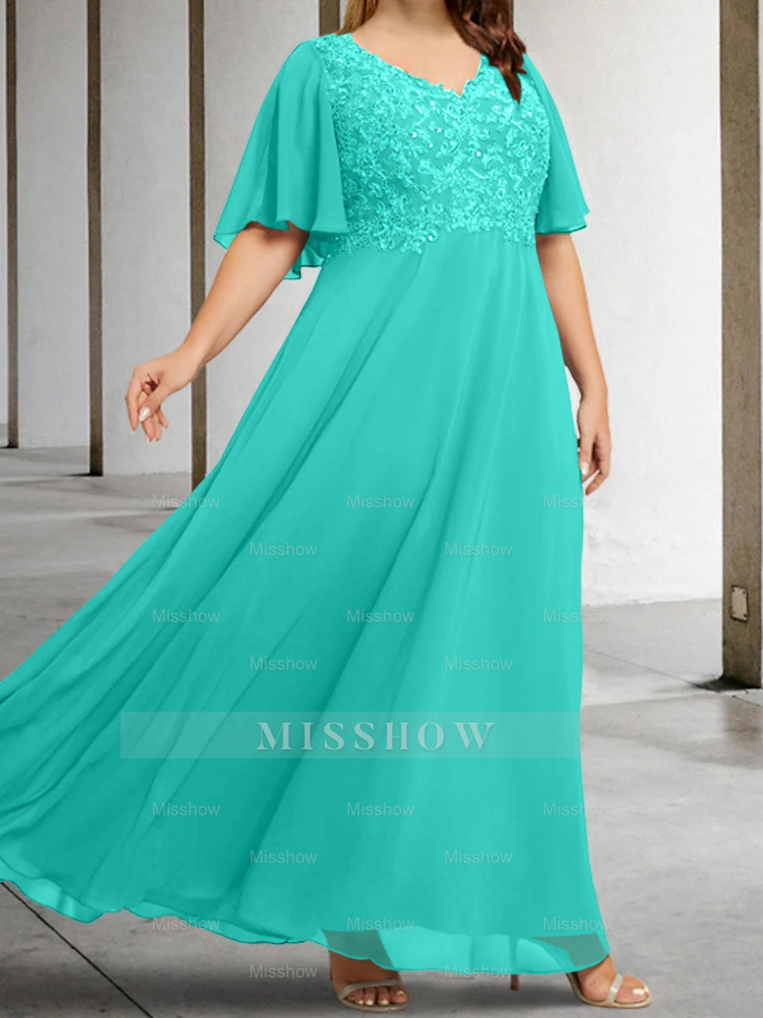 V-Neck A-Line Princess Floor-Length Mother of the Bride Dress with Applique and Half Sleeves