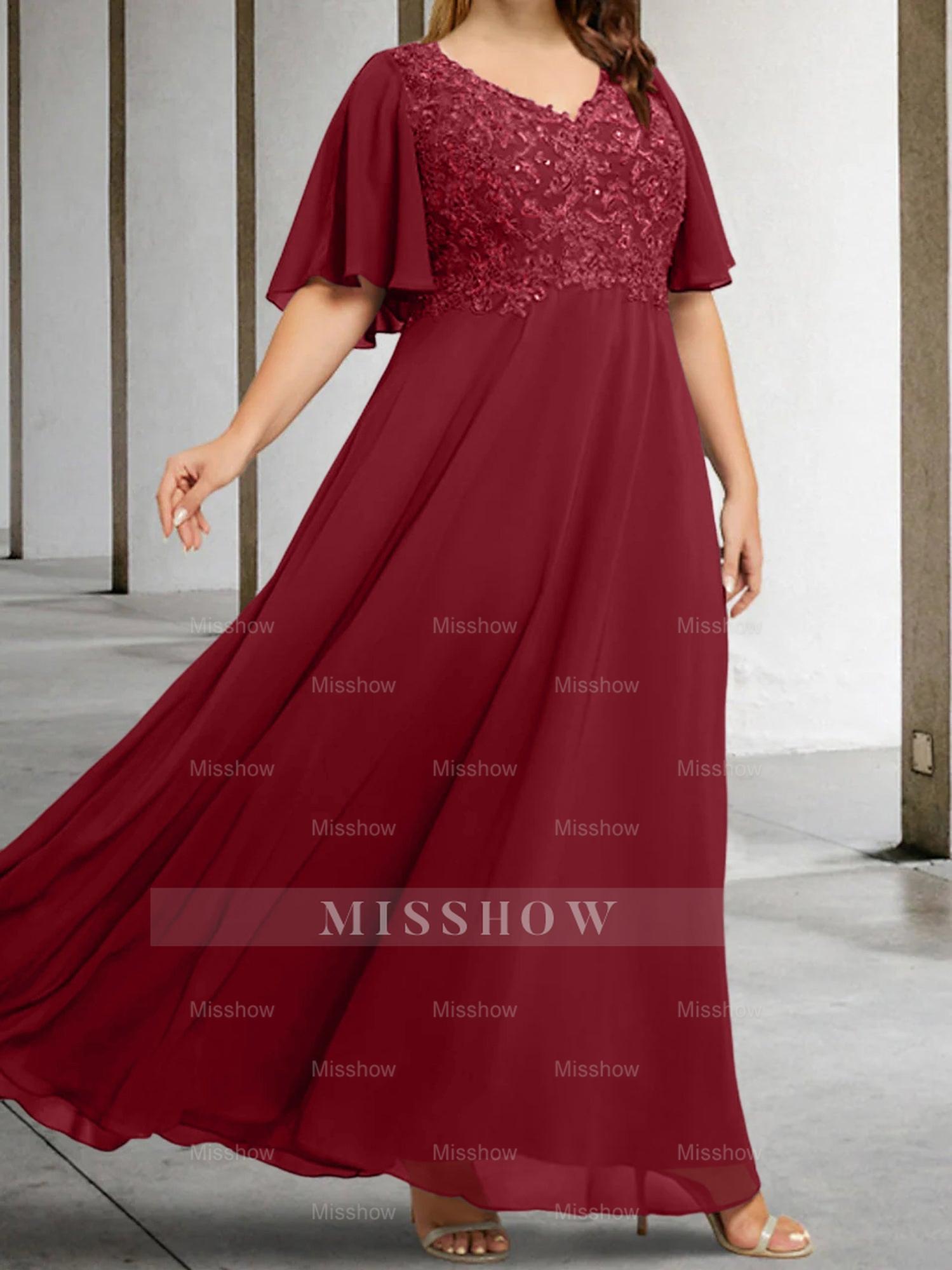 V-Neck A-Line Princess Floor-Length Mother of the Bride Dress with Applique and Half Sleeves