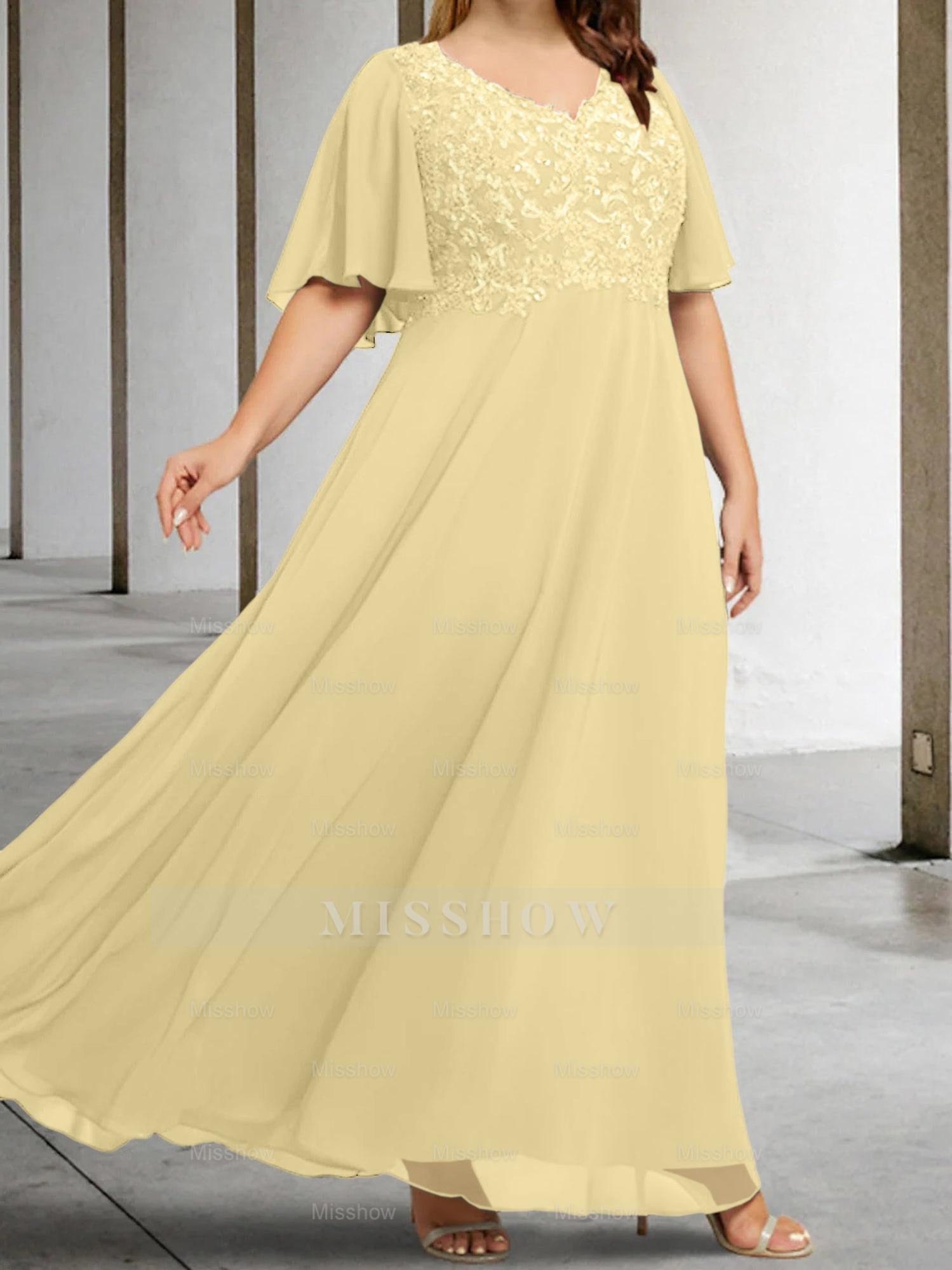 V-Neck A-Line Princess Floor-Length Mother of the Bride Dress with Applique and Half Sleeves