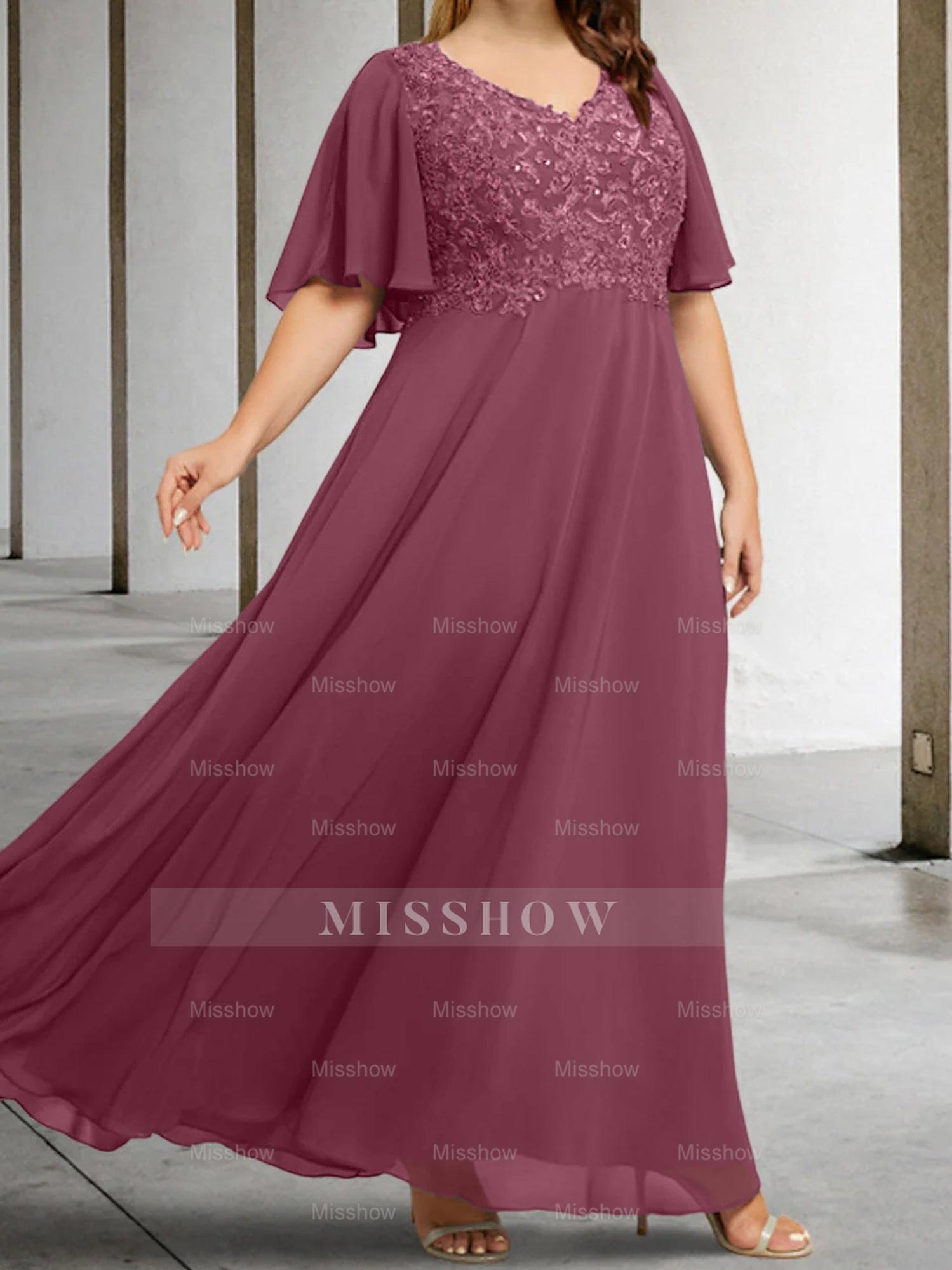 V-Neck A-Line Princess Floor-Length Mother of the Bride Dress with Applique and Half Sleeves