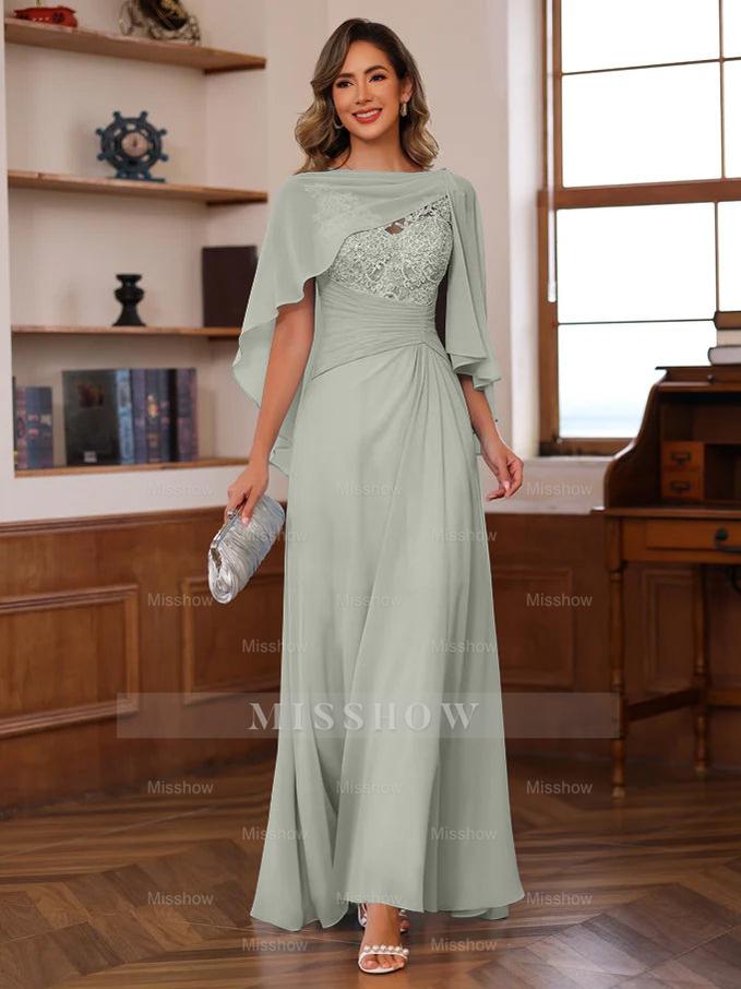 V-Neck A-Line Princess Floor-Length Mother of the Bride Dress with Appliques Ruffles & Wrap in 2 Pics
