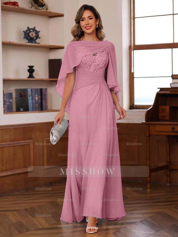 V-Neck A-Line Princess Floor-Length Mother of the Bride Dress with Appliques Ruffles & Wrap in 2 Pics