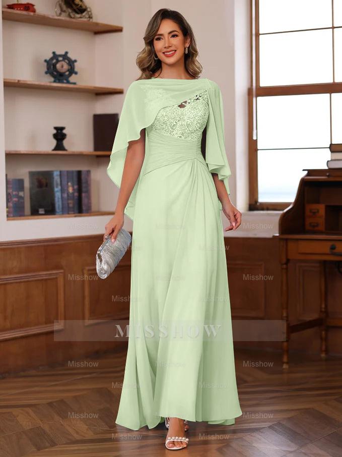 V-Neck A-Line Princess Floor-Length Mother of the Bride Dress with Appliques Ruffles & Wrap in 2 Pics