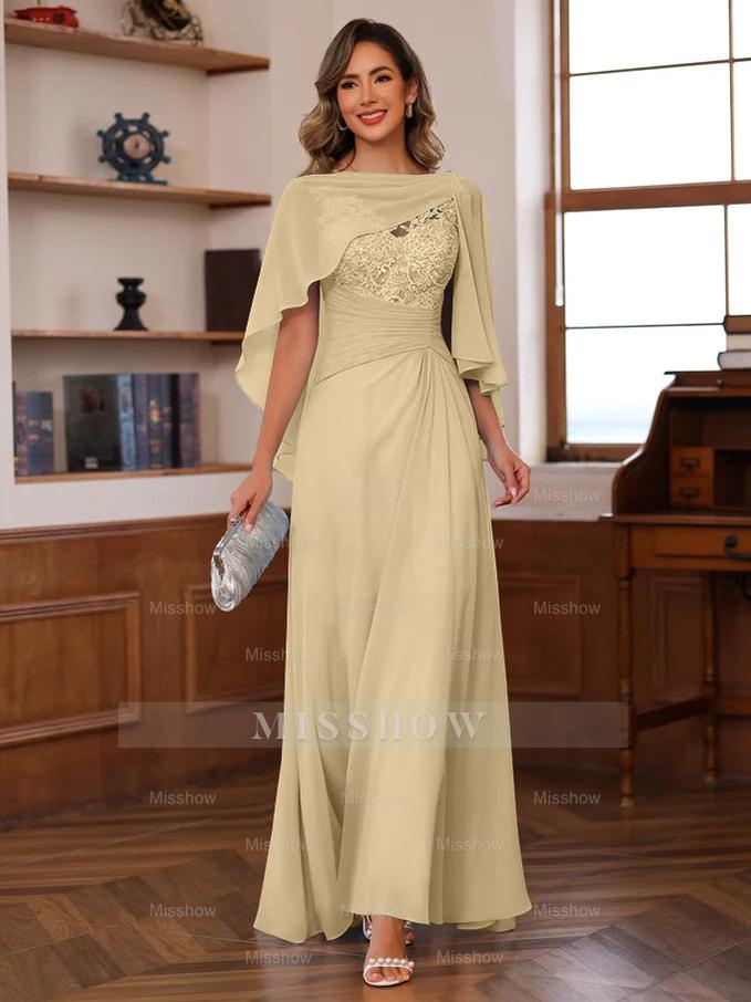 V-Neck A-Line Princess Floor-Length Mother of the Bride Dress with Appliques Ruffles & Wrap in 2 Pics